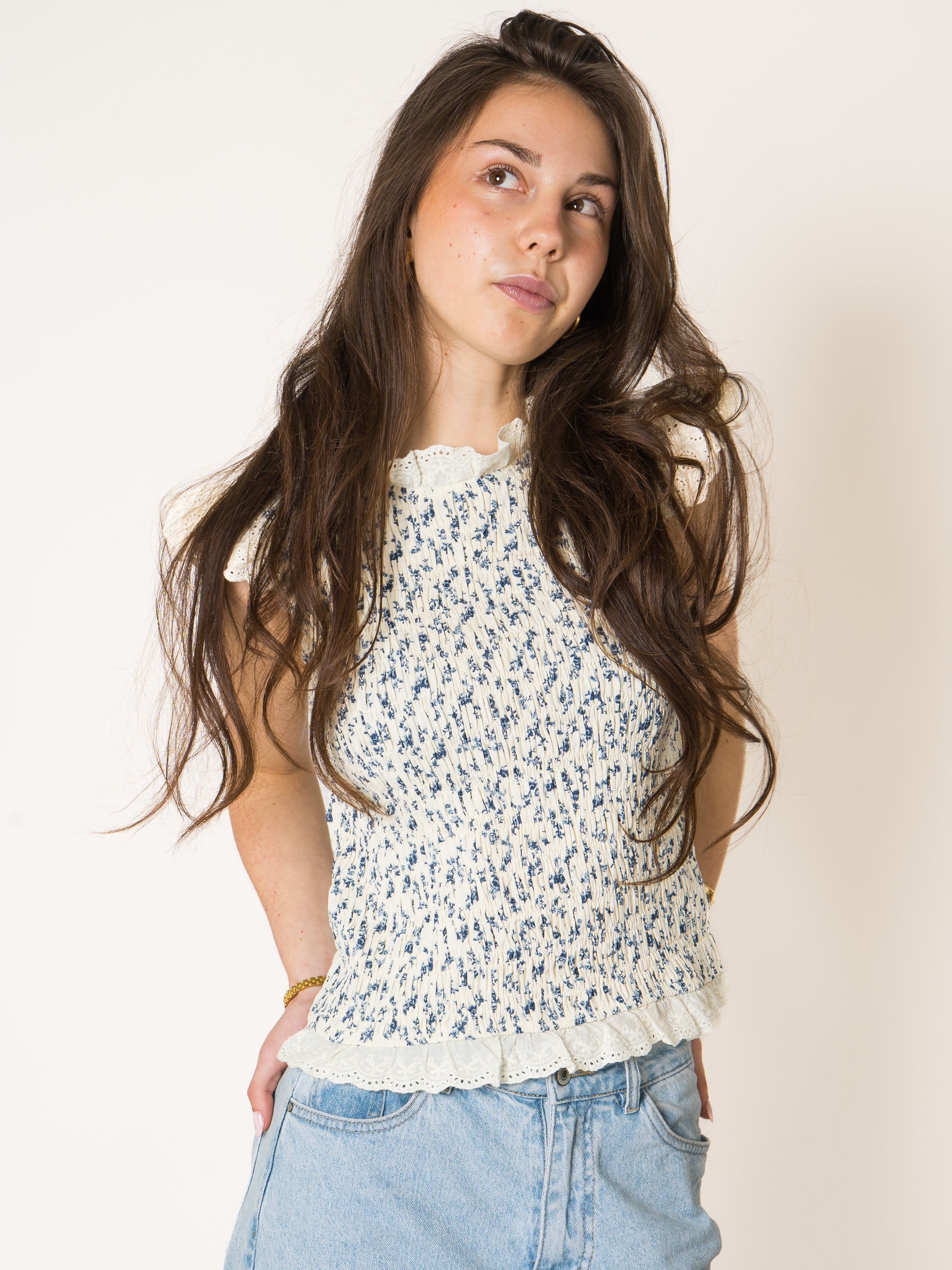 Blue Bloom Cotton Ruffle Shirt