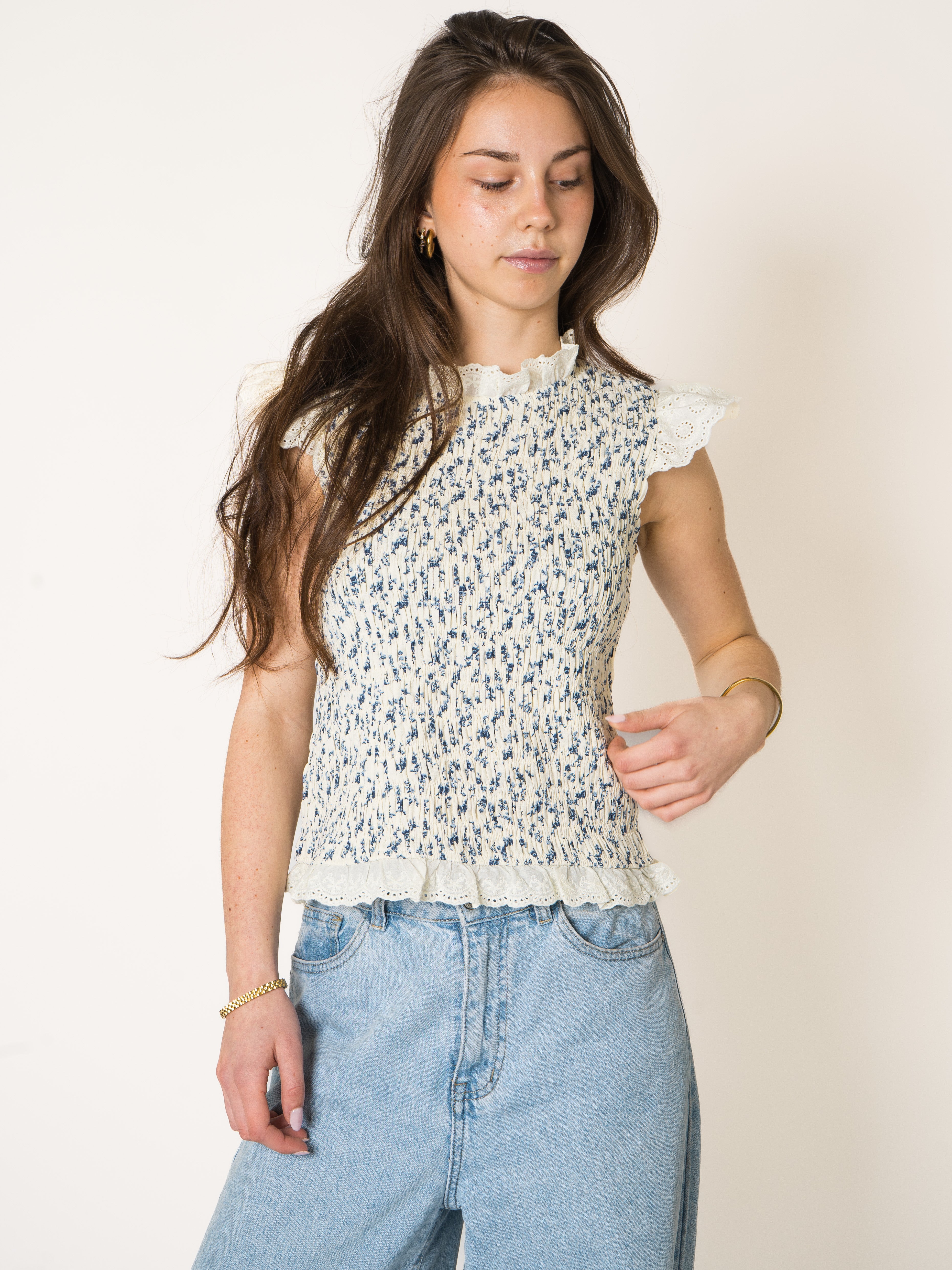 Blue Bloom Cotton Ruffle Shirt