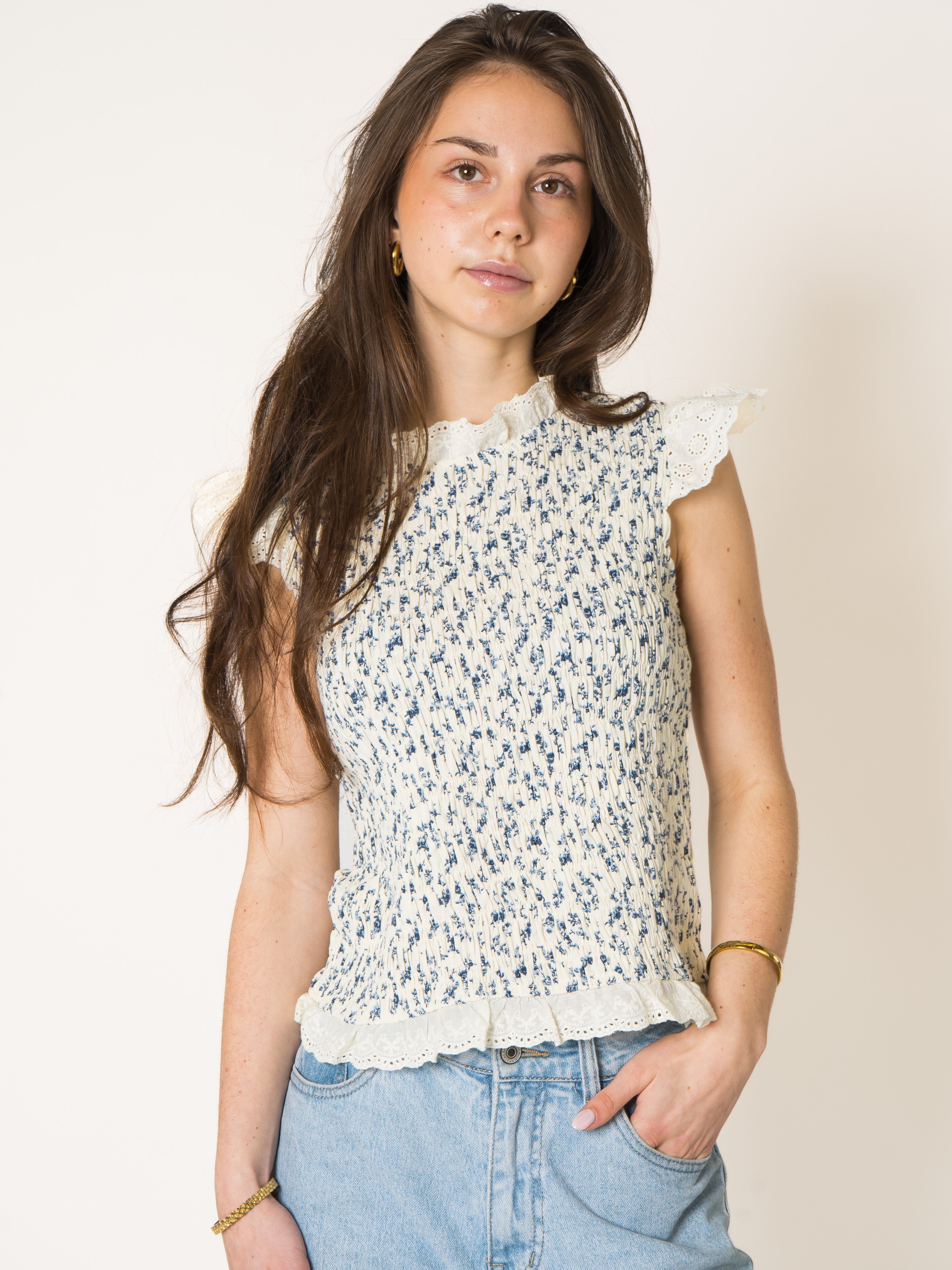 Blue Bloom Cotton Ruffle Shirt