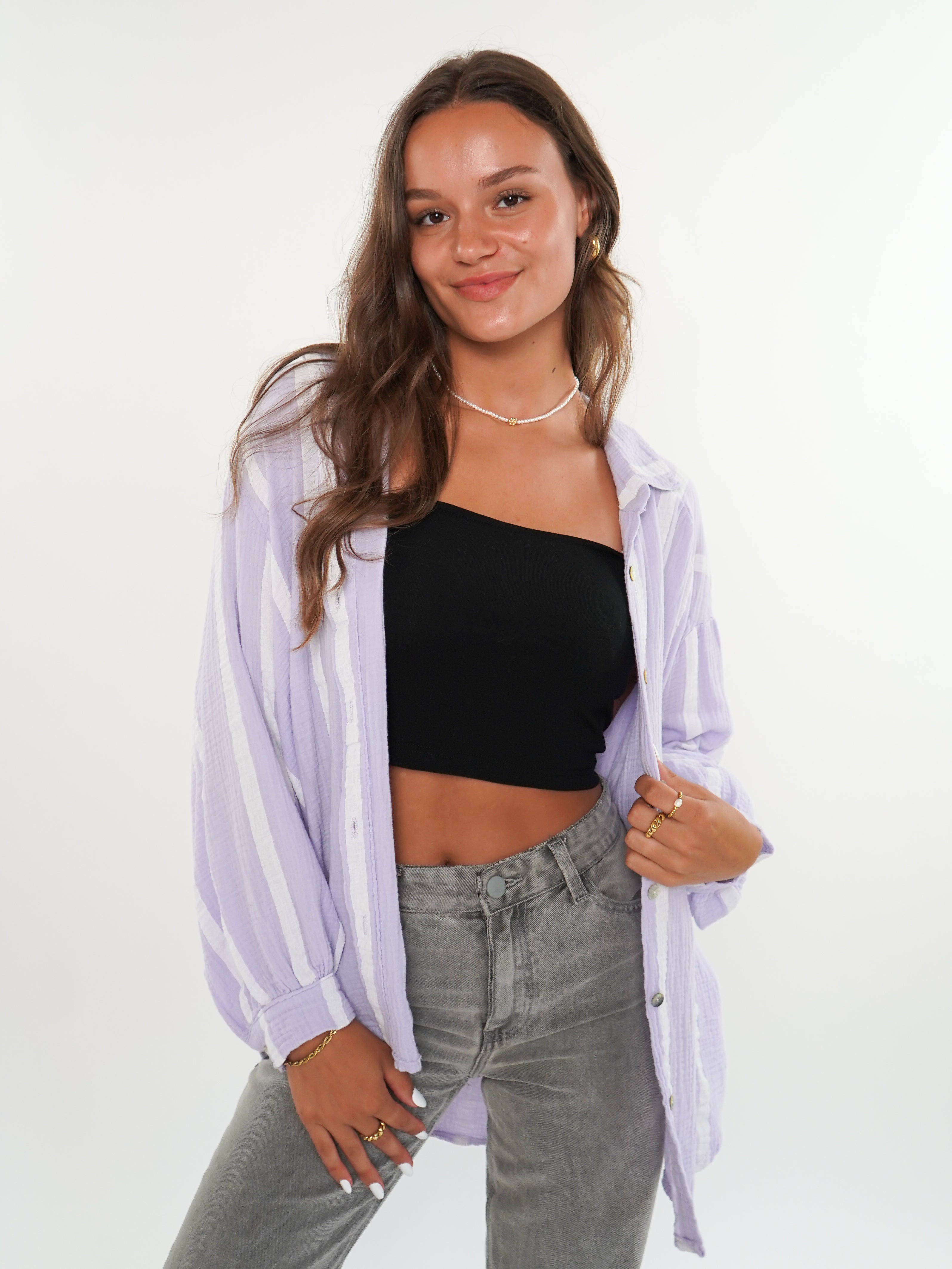 LUCKY DEAL 556 Musselinbluse Wide Stripes kurz - Flieder/Weiß - vom Umtausch ausgeschlossen -