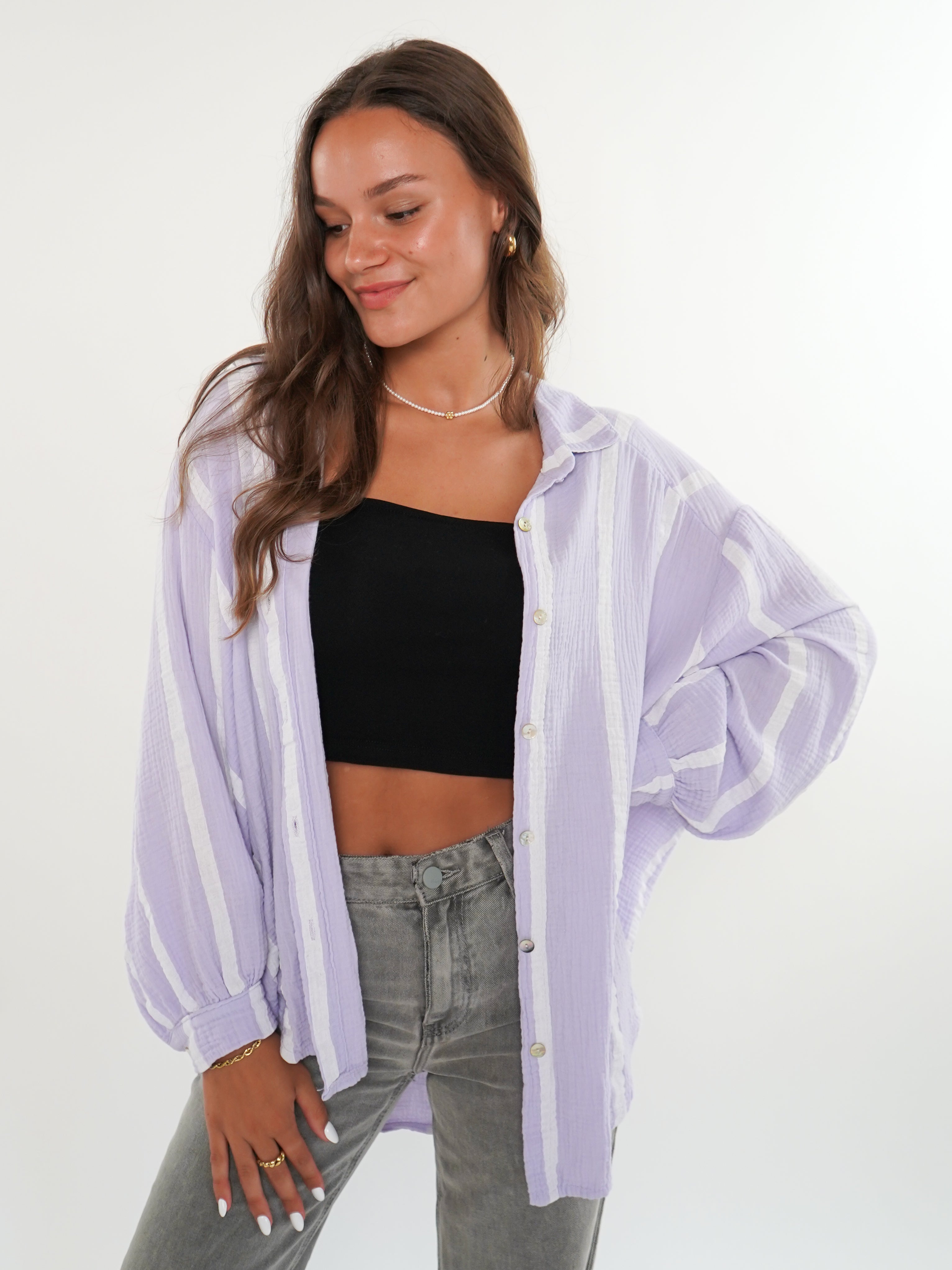 LUCKY DEAL 556 Musselinbluse Wide Stripes kurz - Flieder/Weiß - vom Umtausch ausgeschlossen -