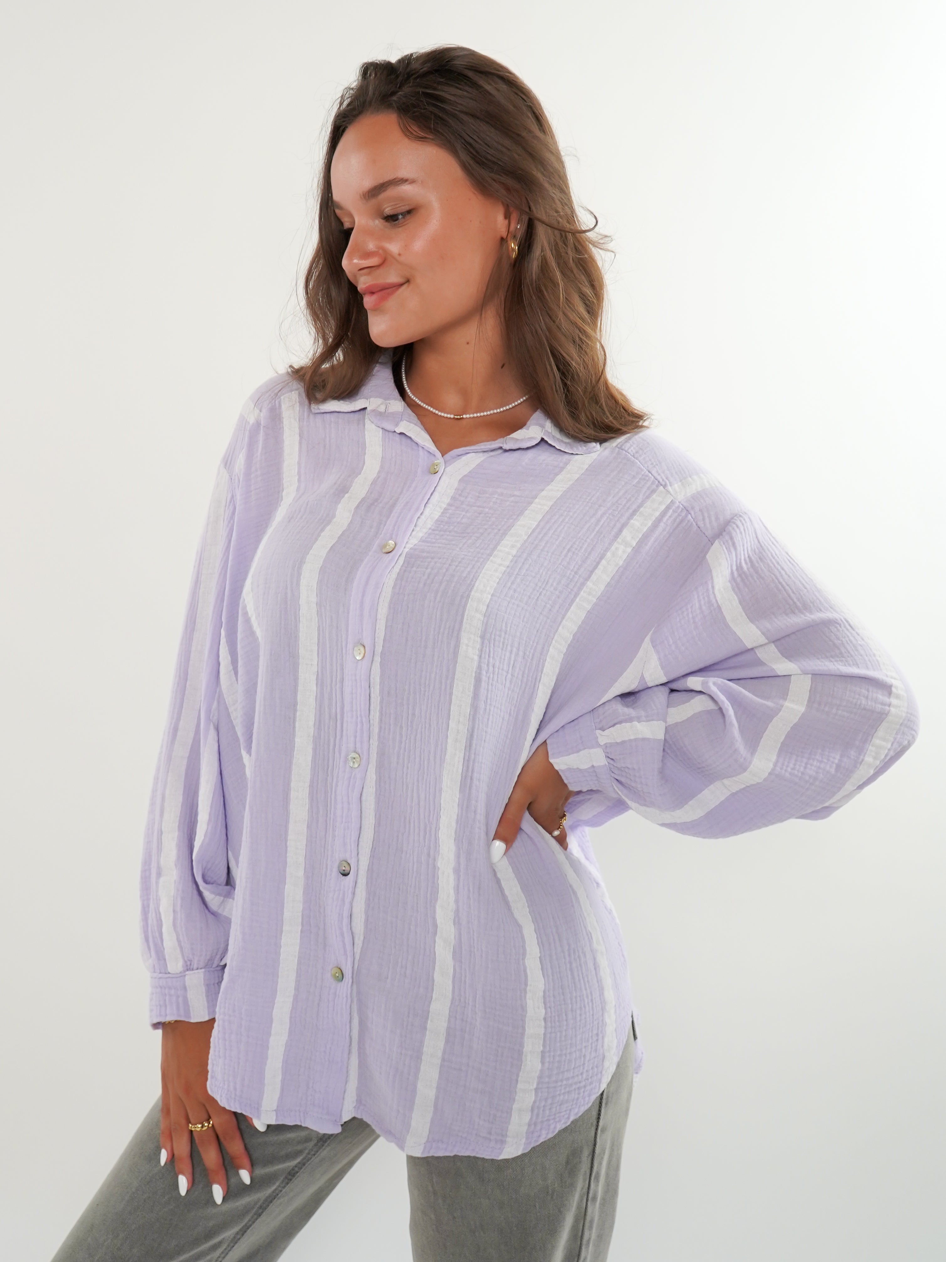 LUCKY DEAL 556 Musselinbluse Wide Stripes kurz - Flieder/Weiß - vom Umtausch ausgeschlossen -