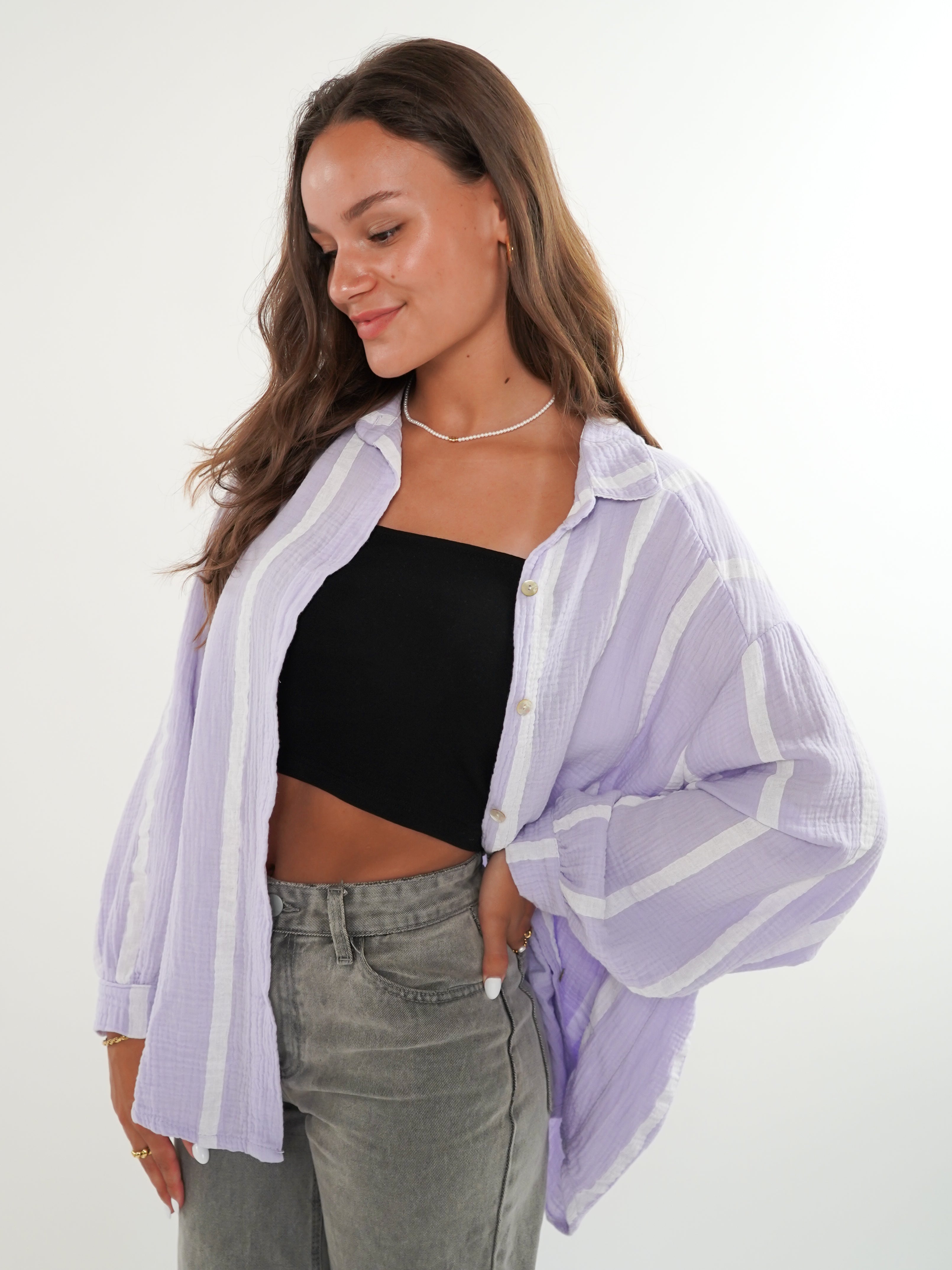 LUCKY DEAL 556 Musselinbluse Wide Stripes kurz - Flieder/Weiß - vom Umtausch ausgeschlossen -