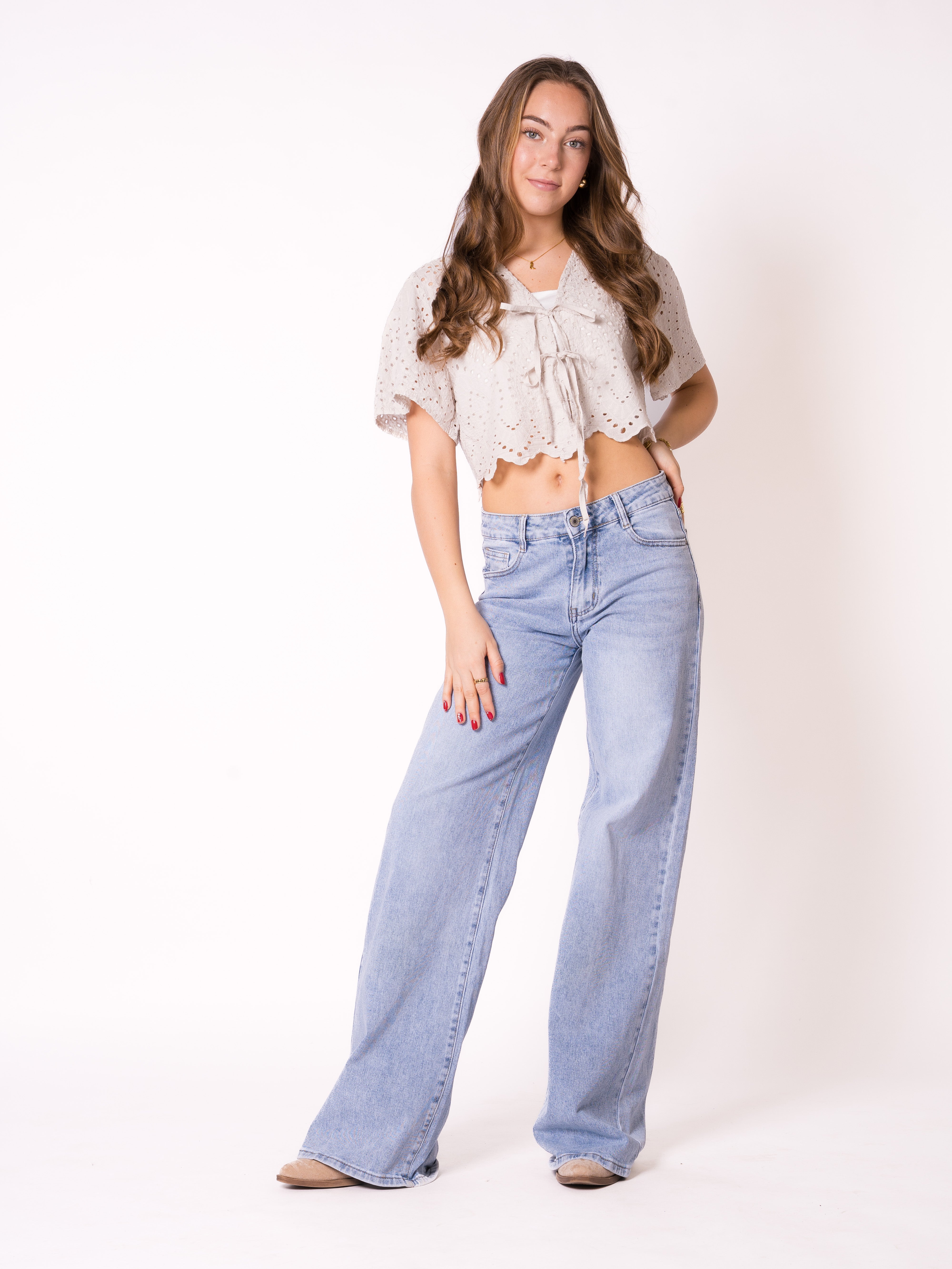 Boho Baumwoll Stick Bluse - Beige