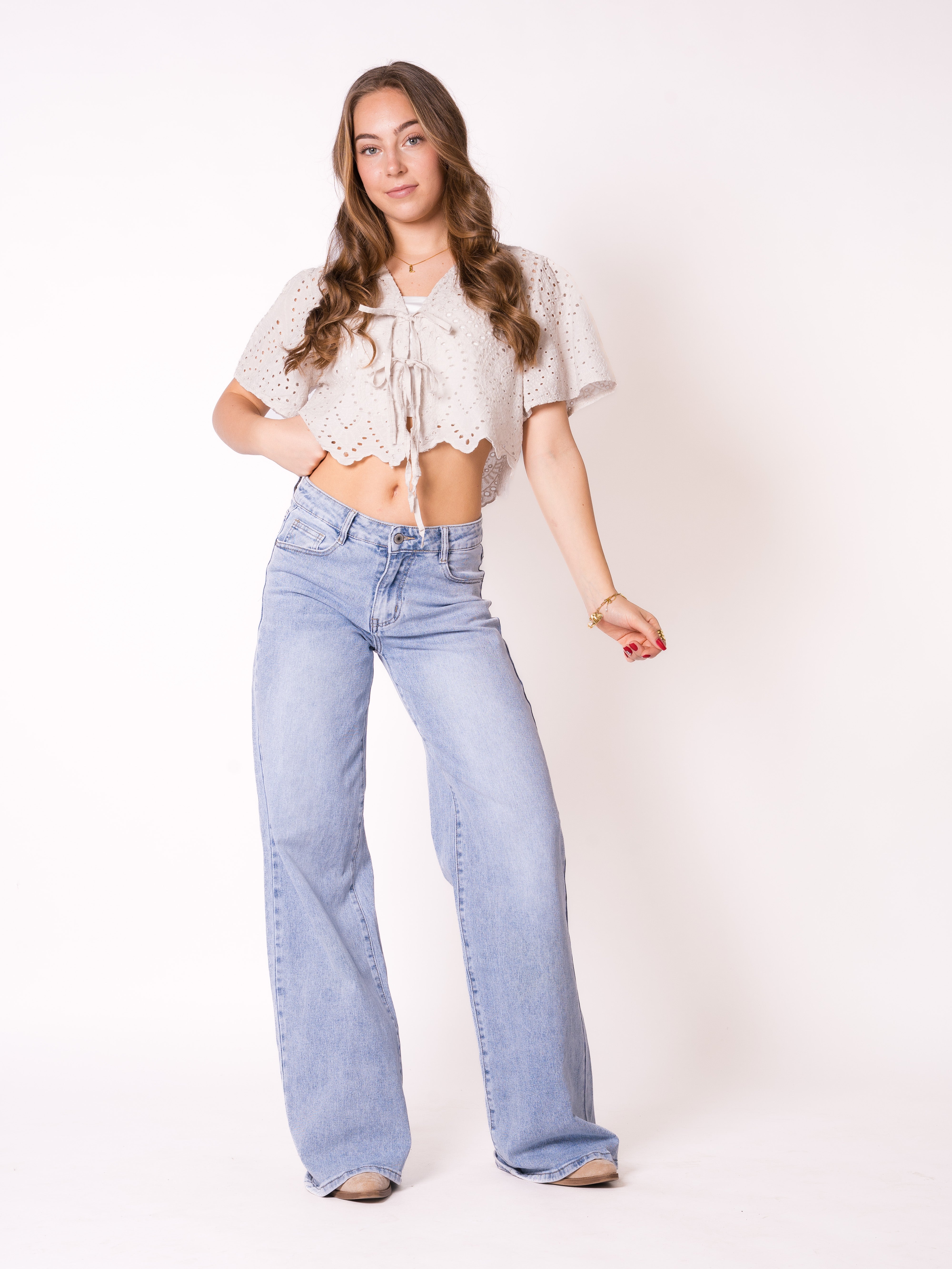 Boho Baumwoll Stick Bluse - Beige