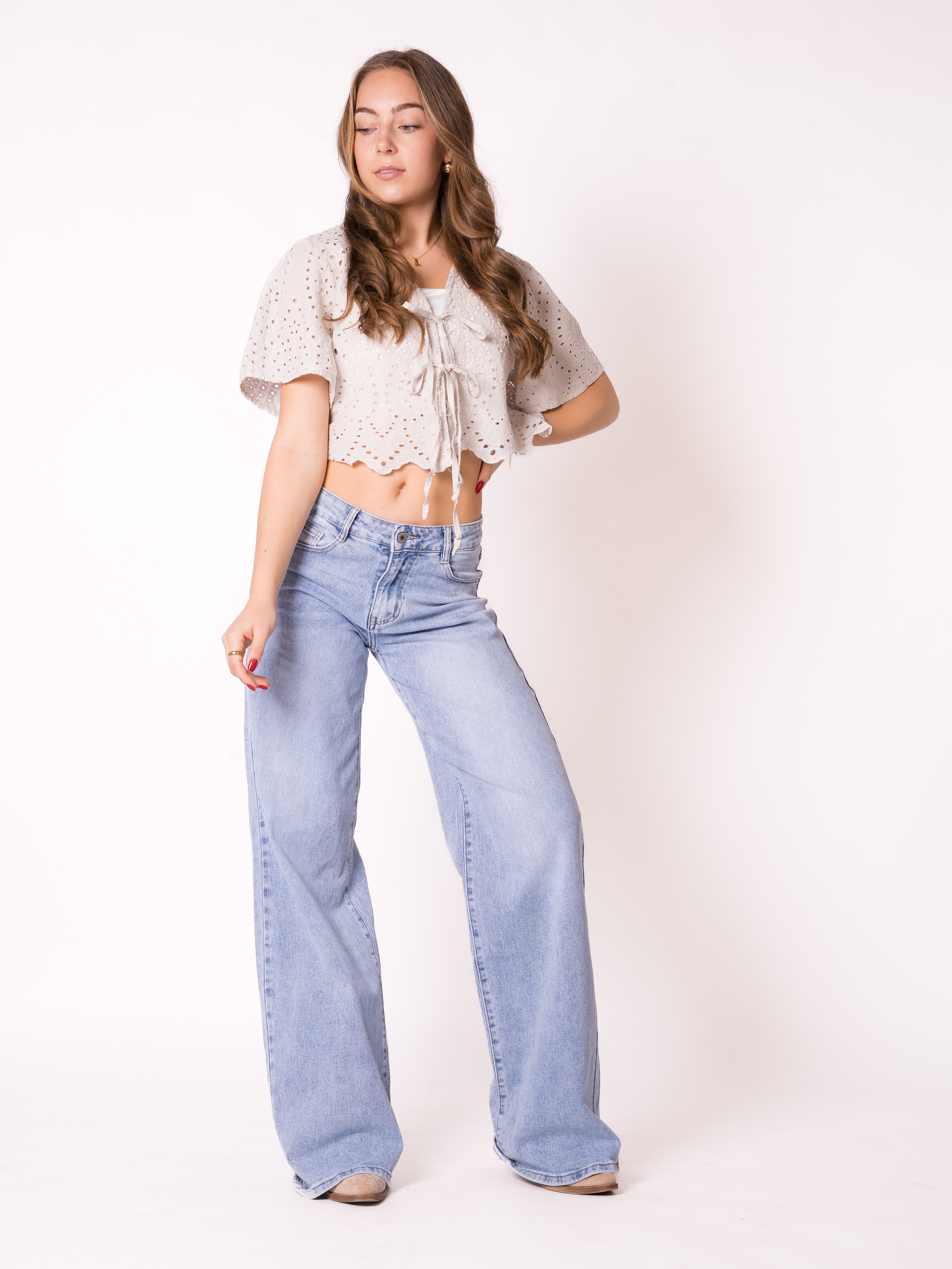 Boho Baumwoll Stick Bluse - Beige