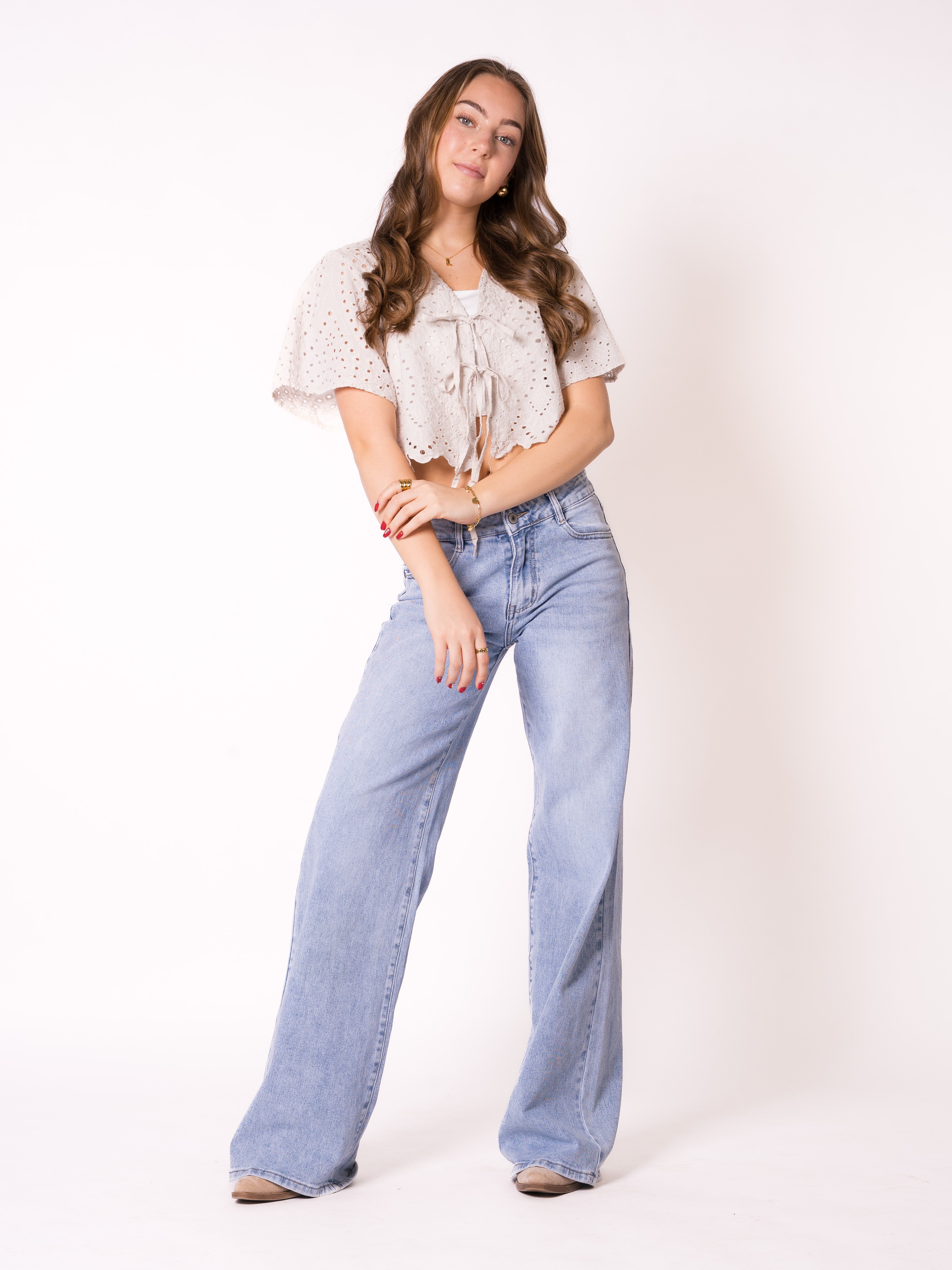 Boho Baumwoll Stick Bluse - Beige