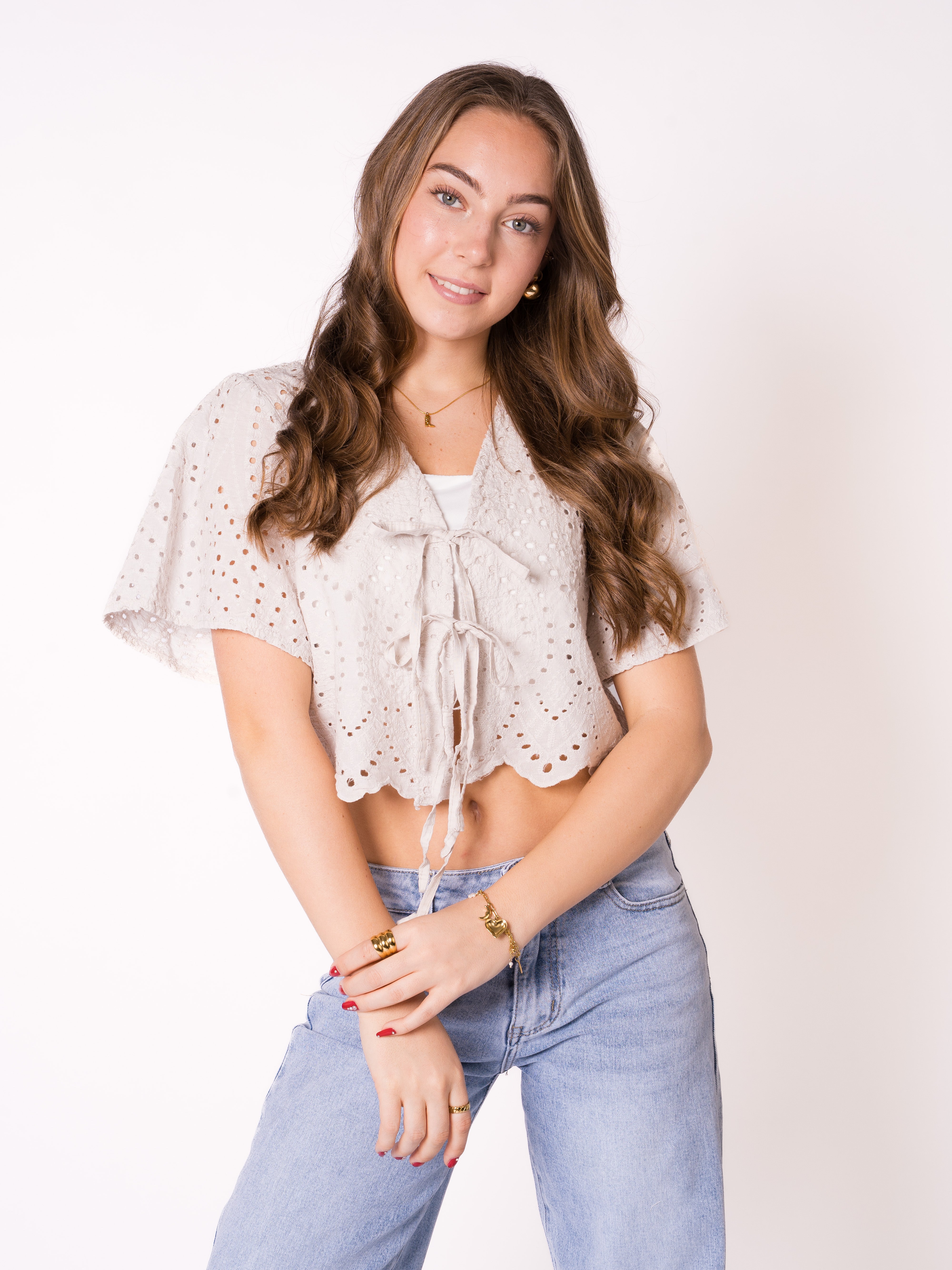 Boho Baumwoll Stick Bluse - Beige
