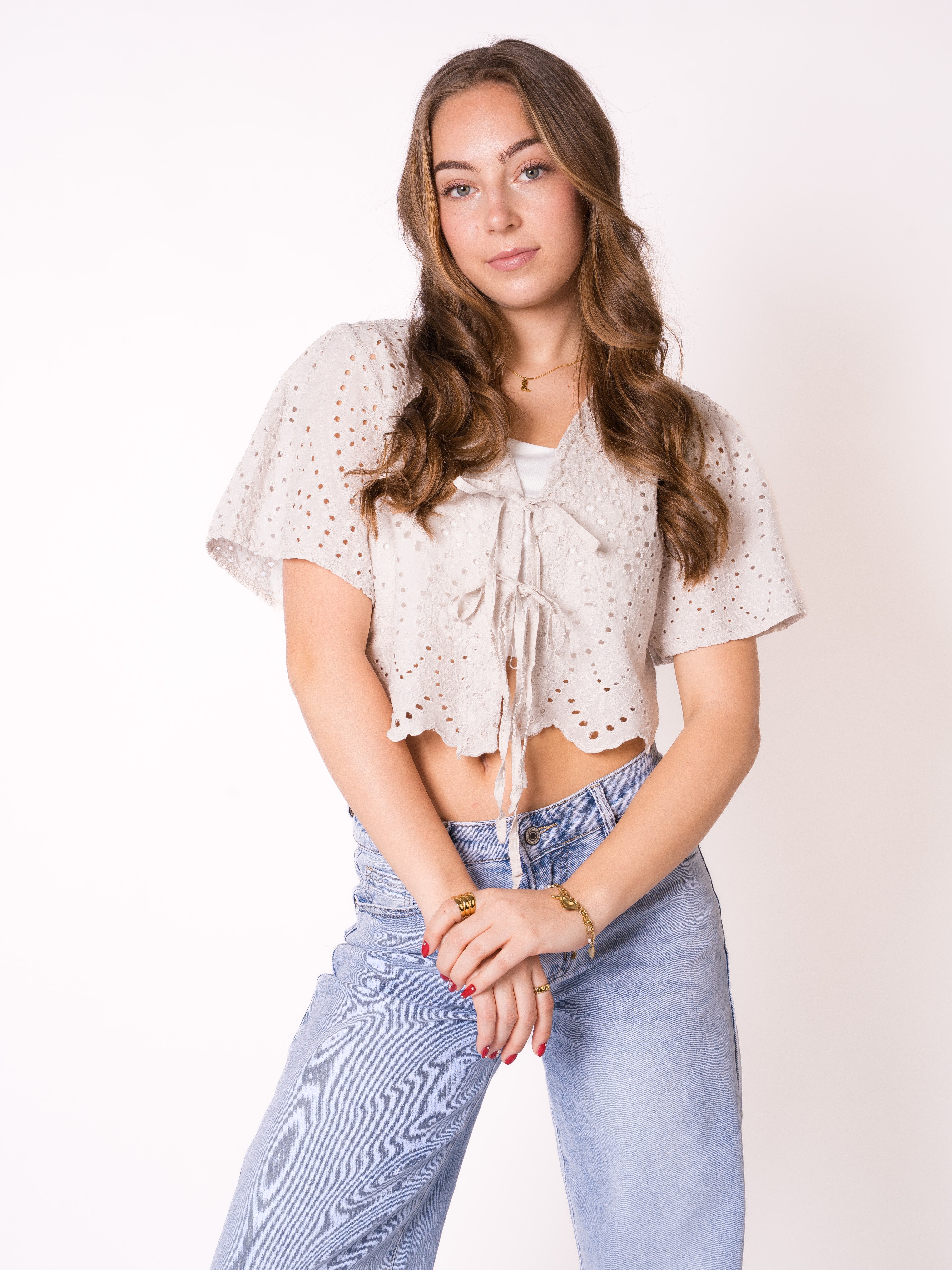 Boho Baumwoll Stick Bluse - Beige