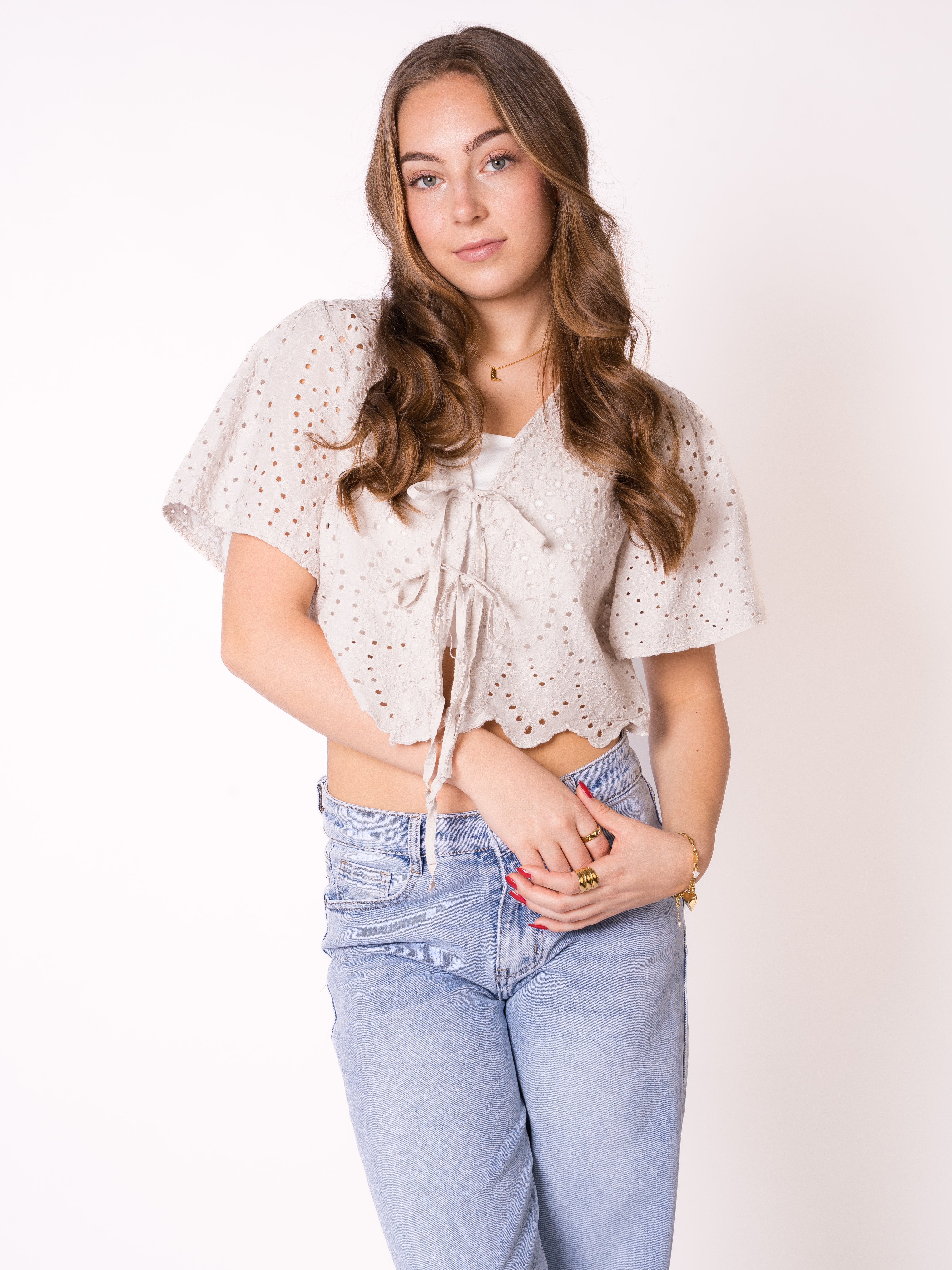 Boho Baumwoll Stick Bluse - Beige