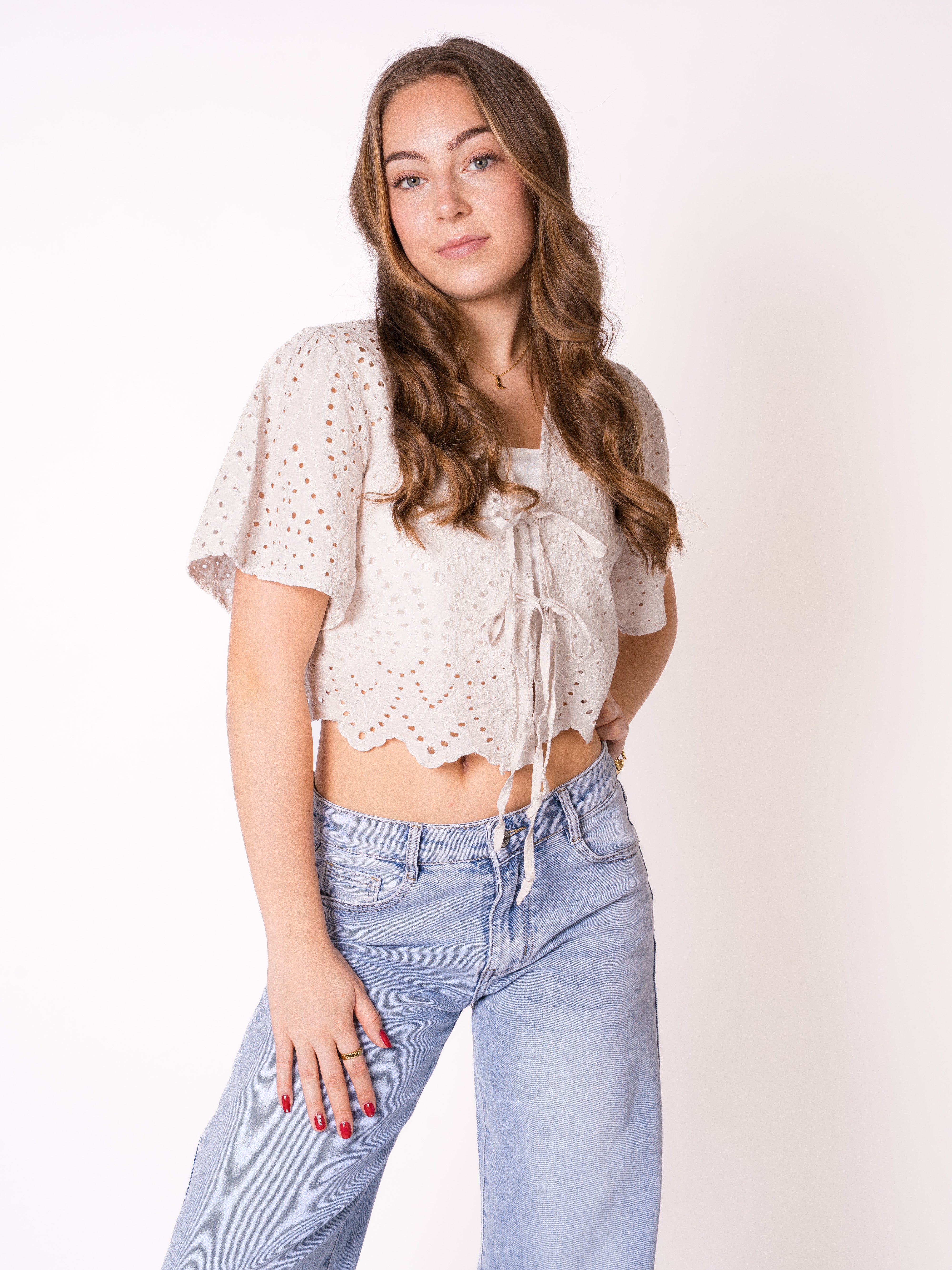 Boho Baumwoll Stick Bluse - Beige