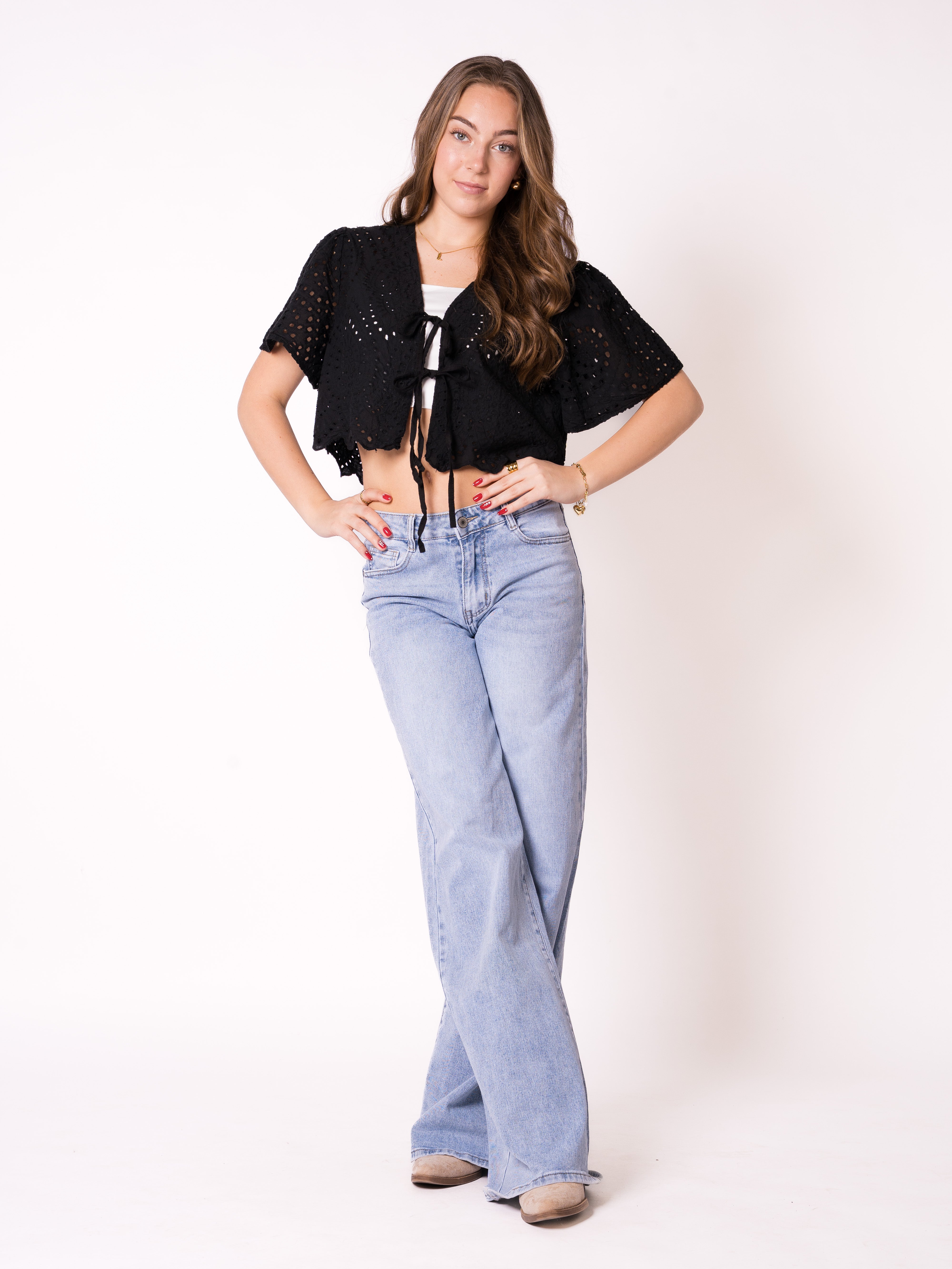 Boho Baumwoll Stick Bluse - Schwarz