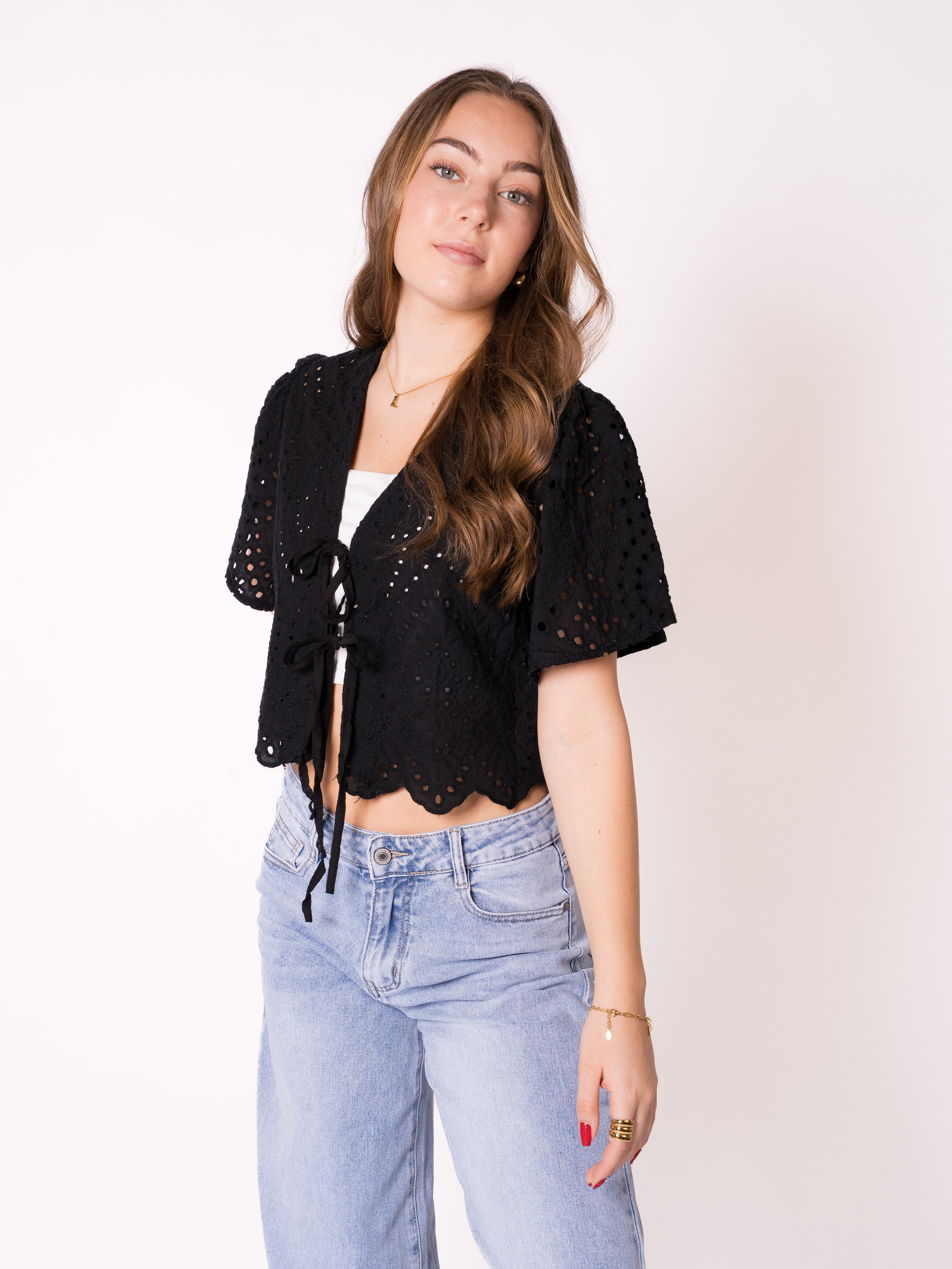 Boho Baumwoll Stick Bluse - Schwarz