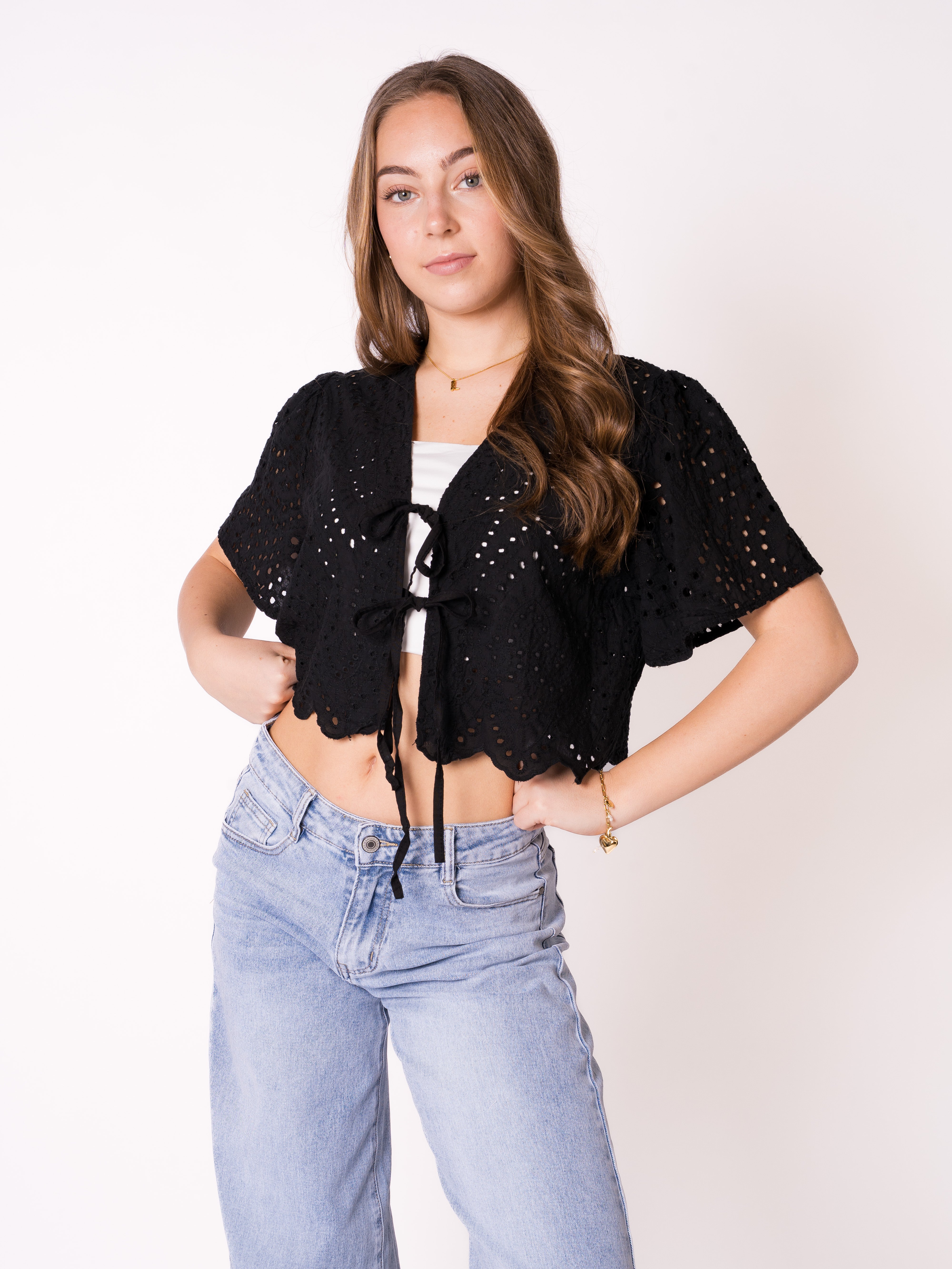 Boho Baumwoll Stick Bluse - Schwarz