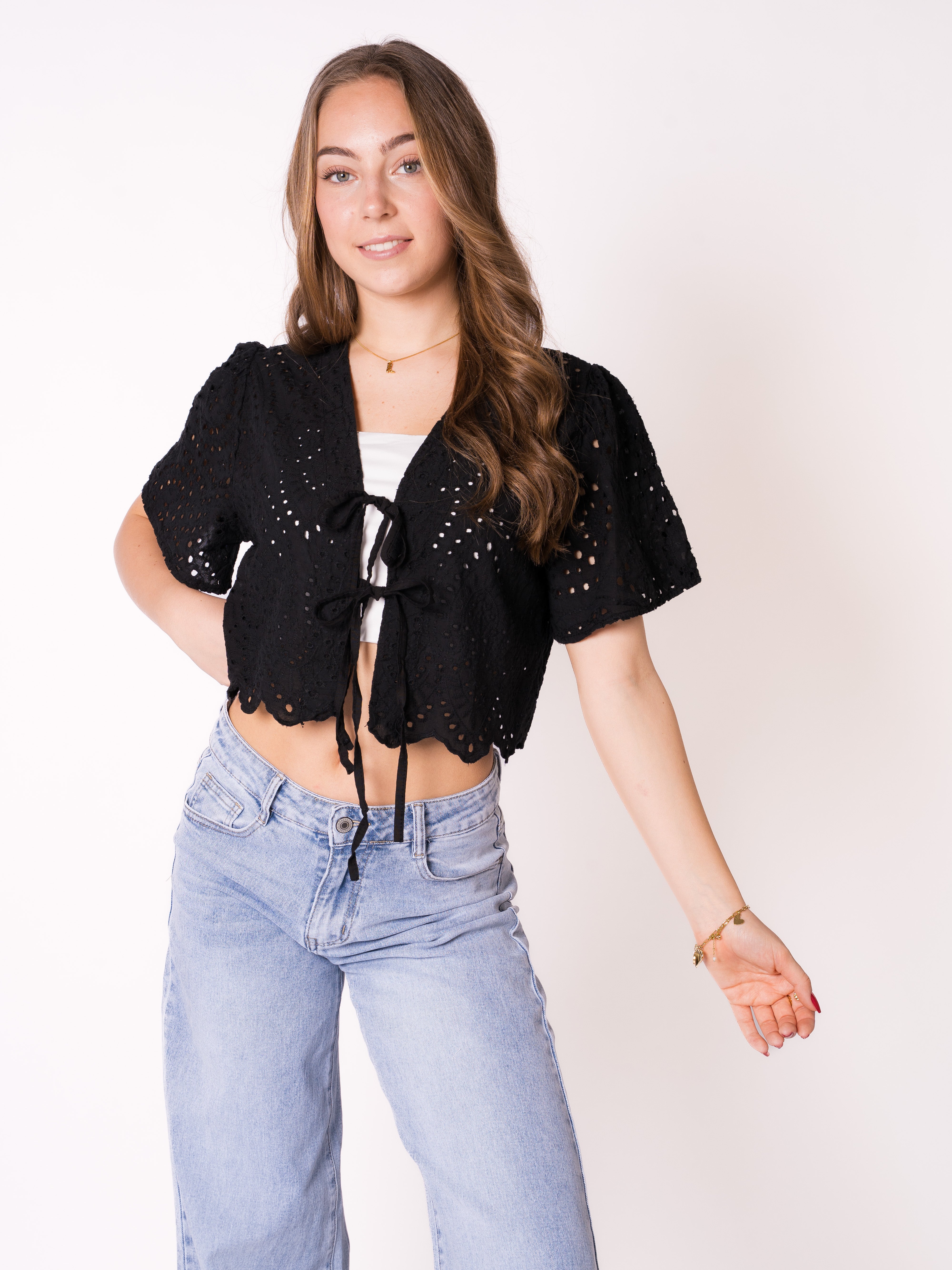 Boho Baumwoll Stick Bluse - Schwarz