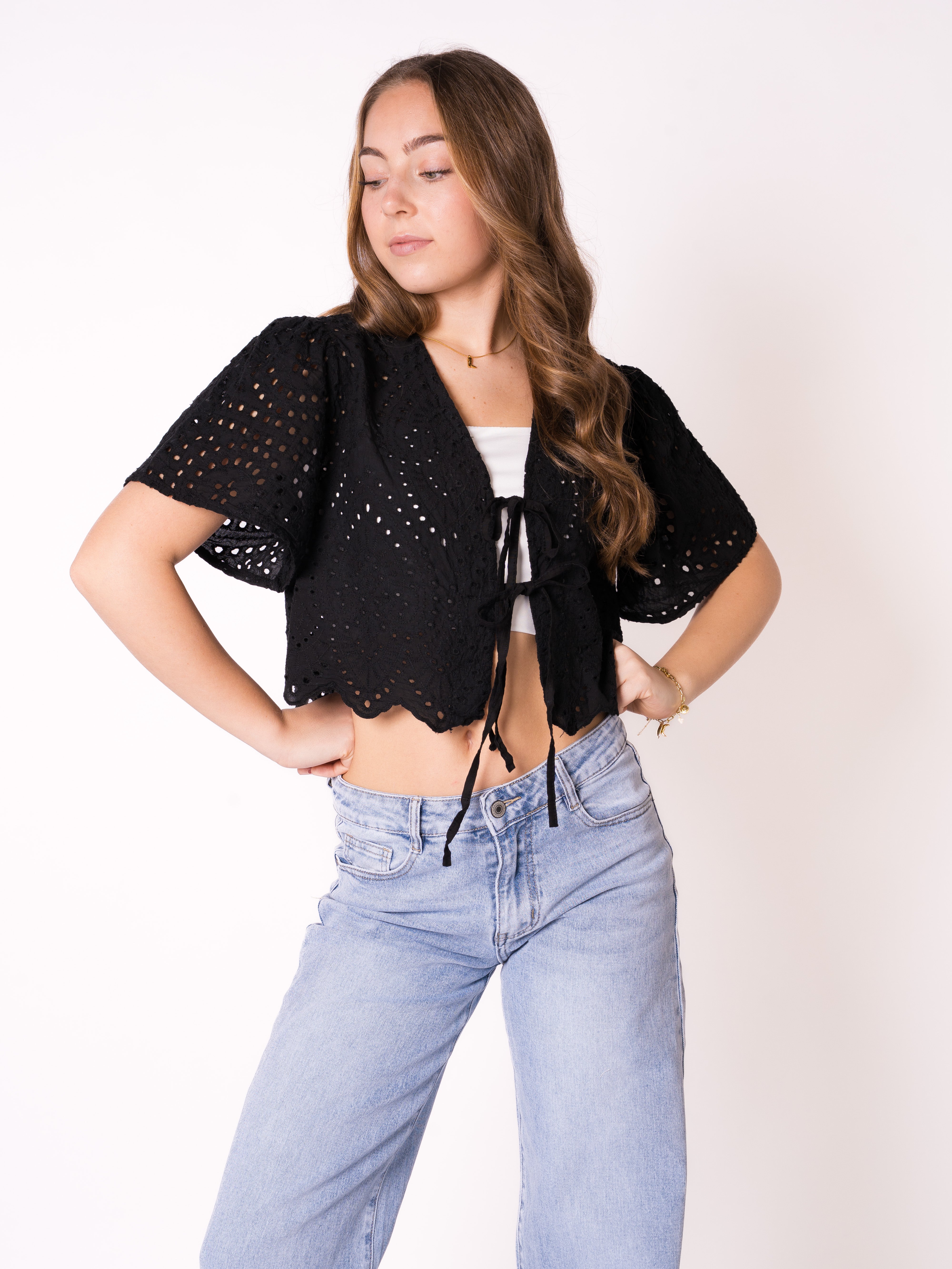 Boho Baumwoll Stick Bluse - Schwarz
