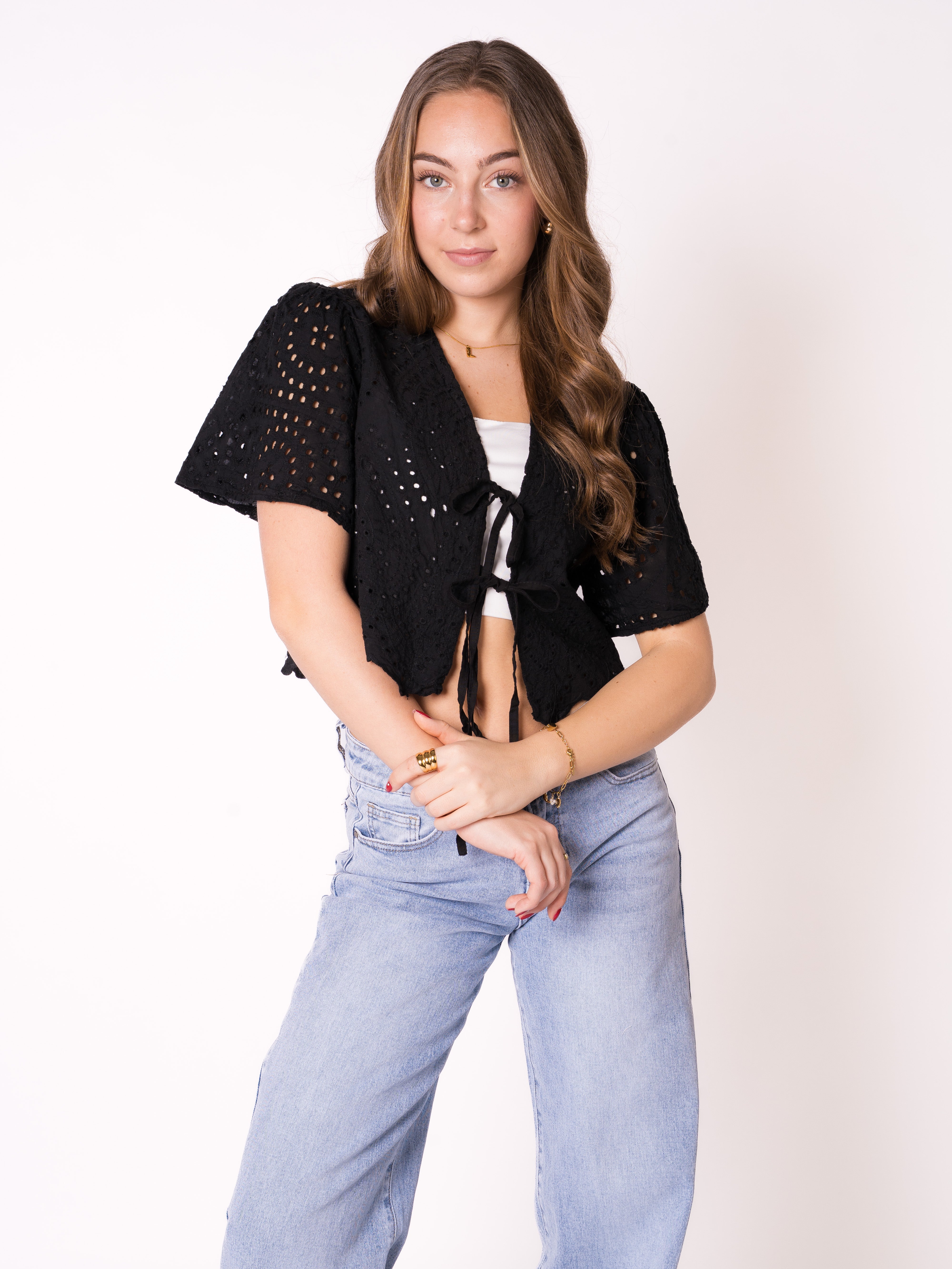 Boho Baumwoll Stick Bluse - Schwarz