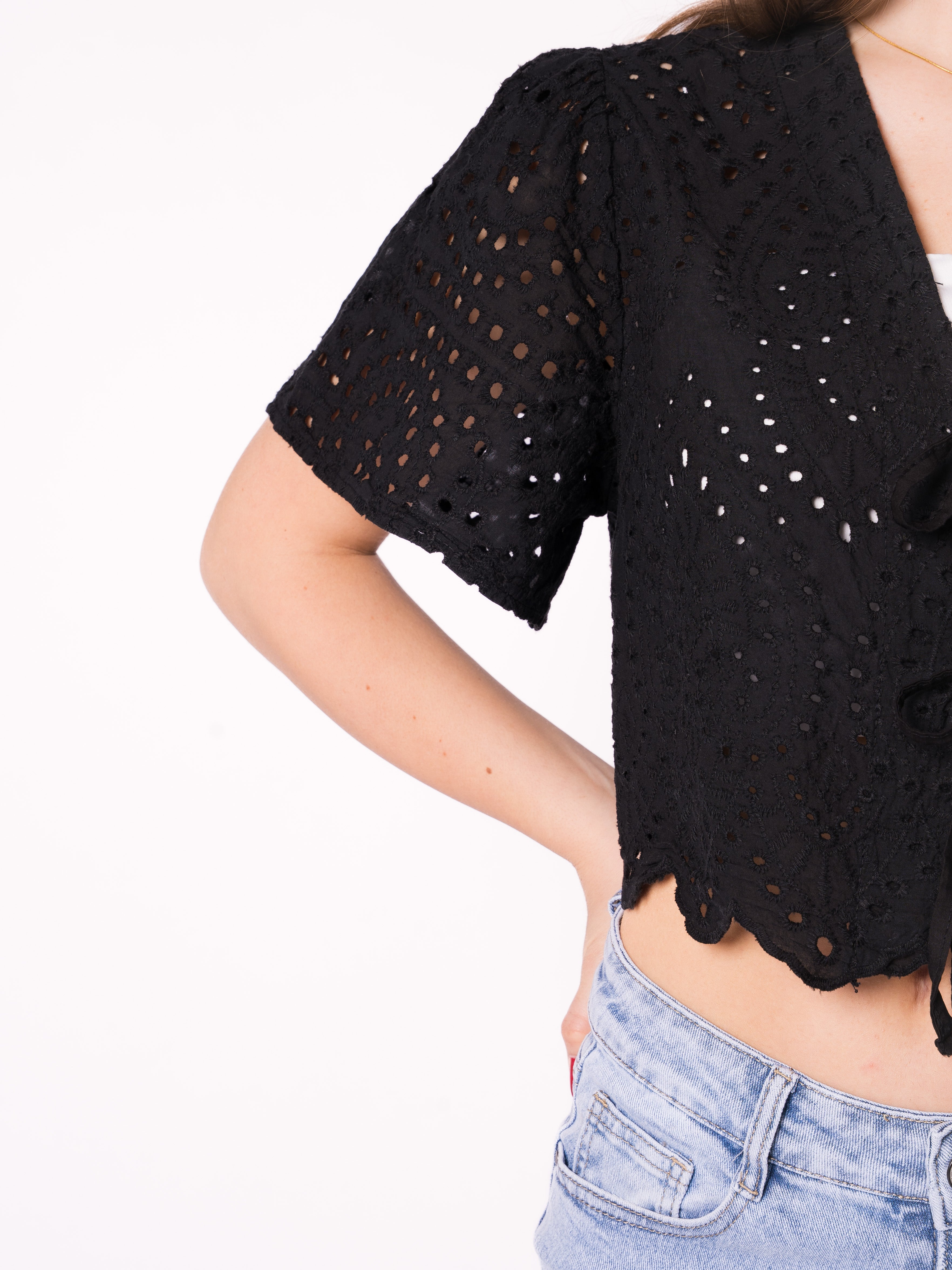 Boho Baumwoll Stick Bluse - Schwarz