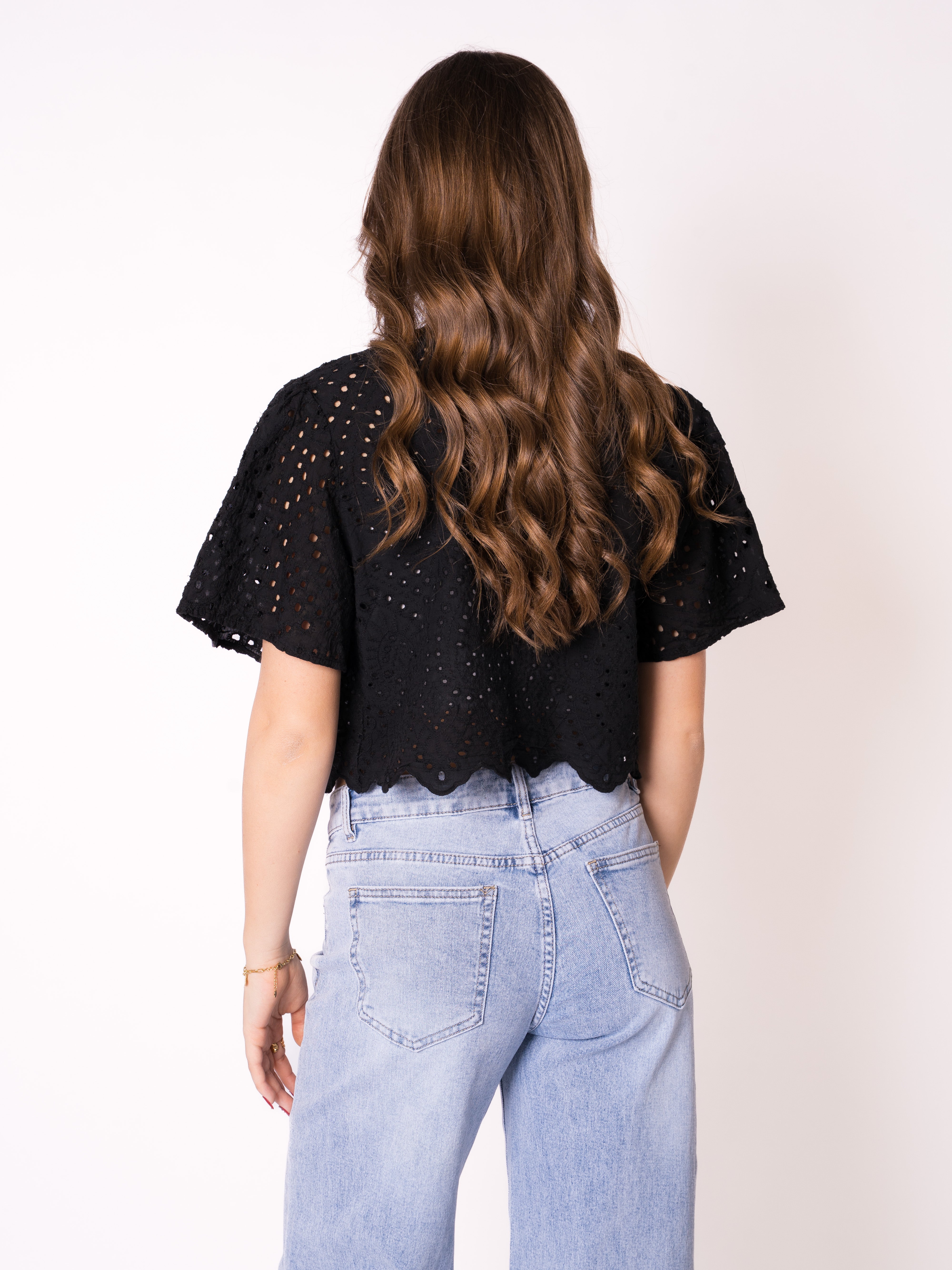 Boho Baumwoll Stick Bluse - Schwarz