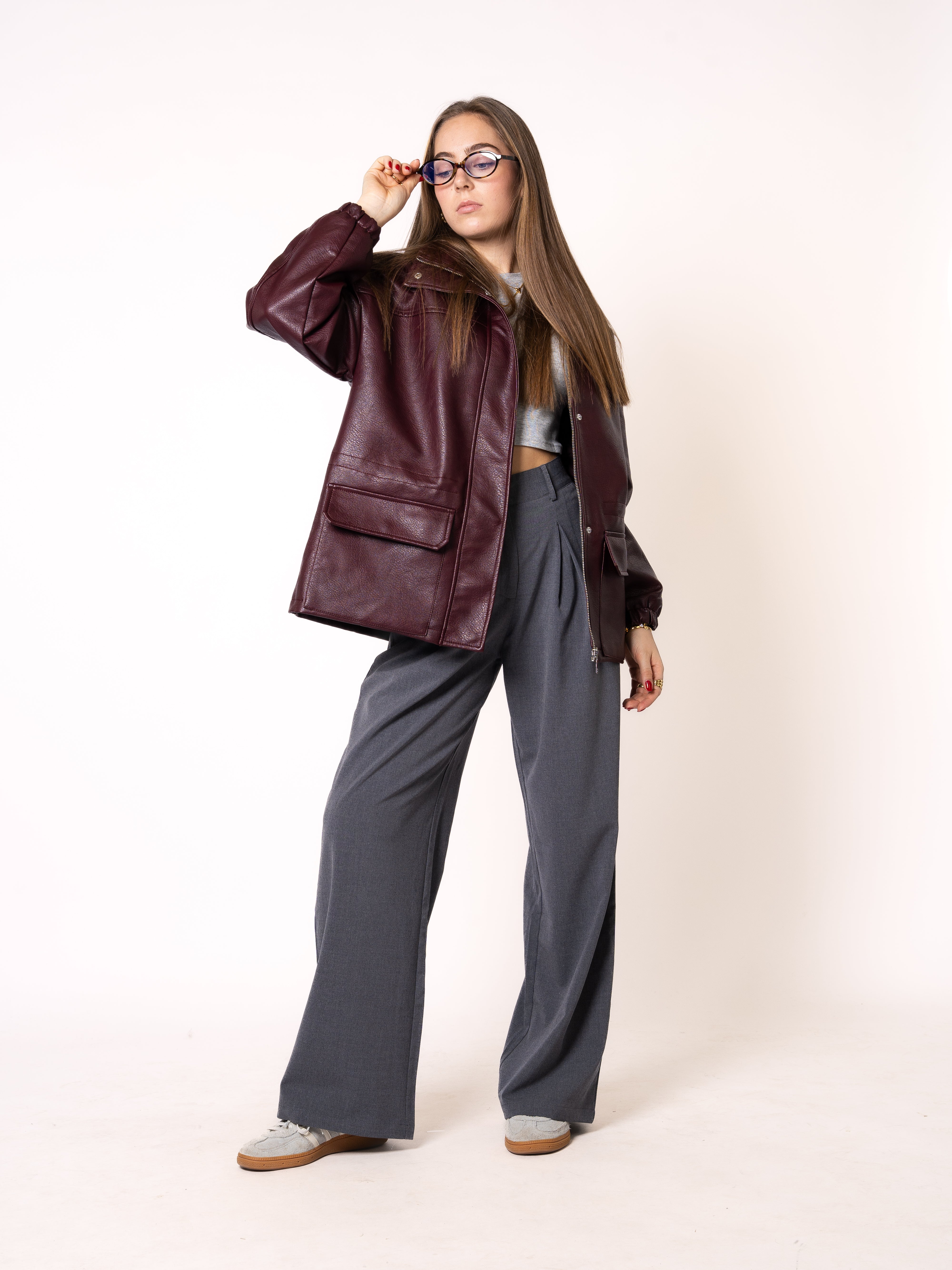 Oversize Faux Leather Jacket - Bordeaux