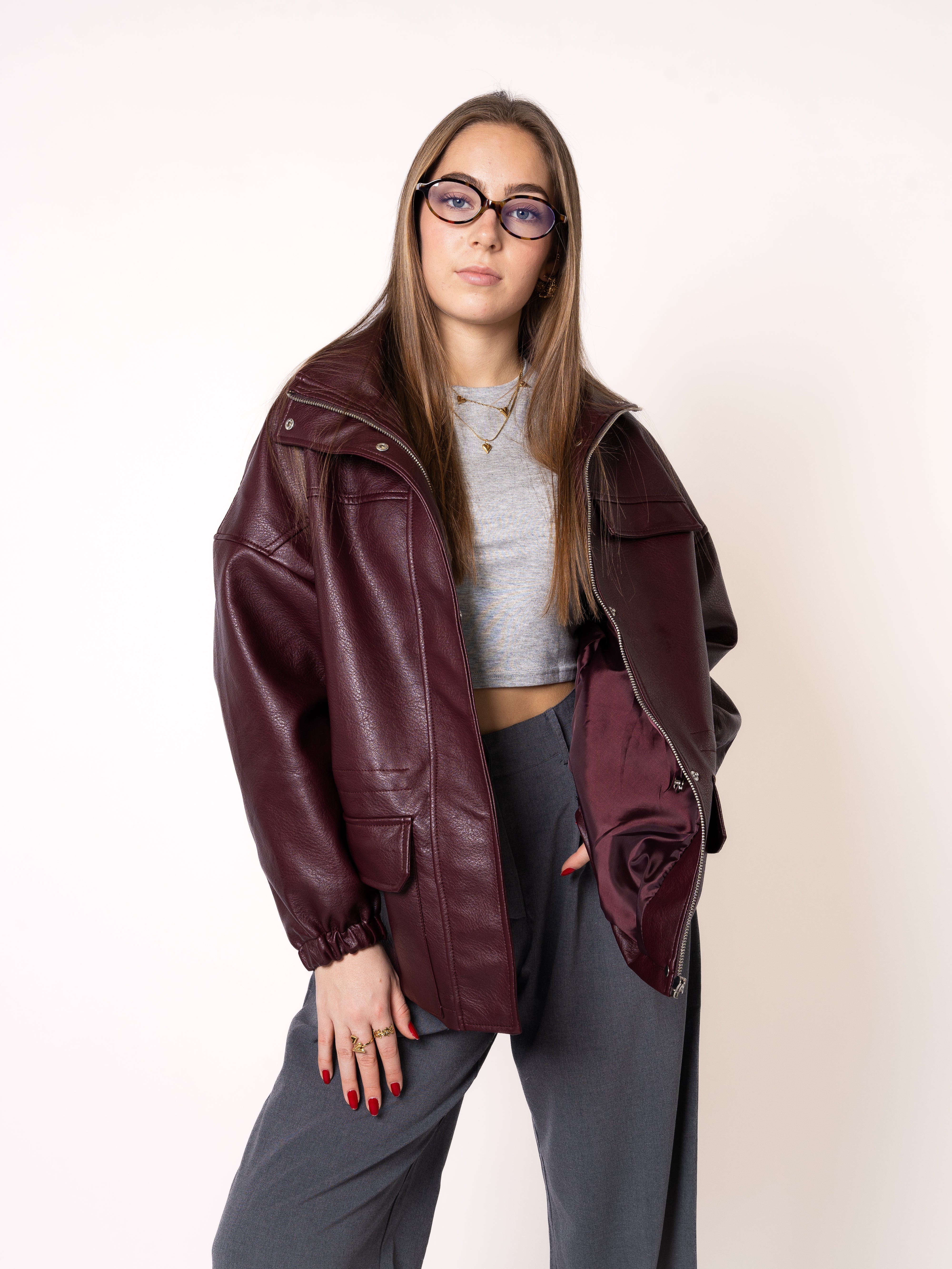 Oversize Faux Leather Jacket - Bordeaux