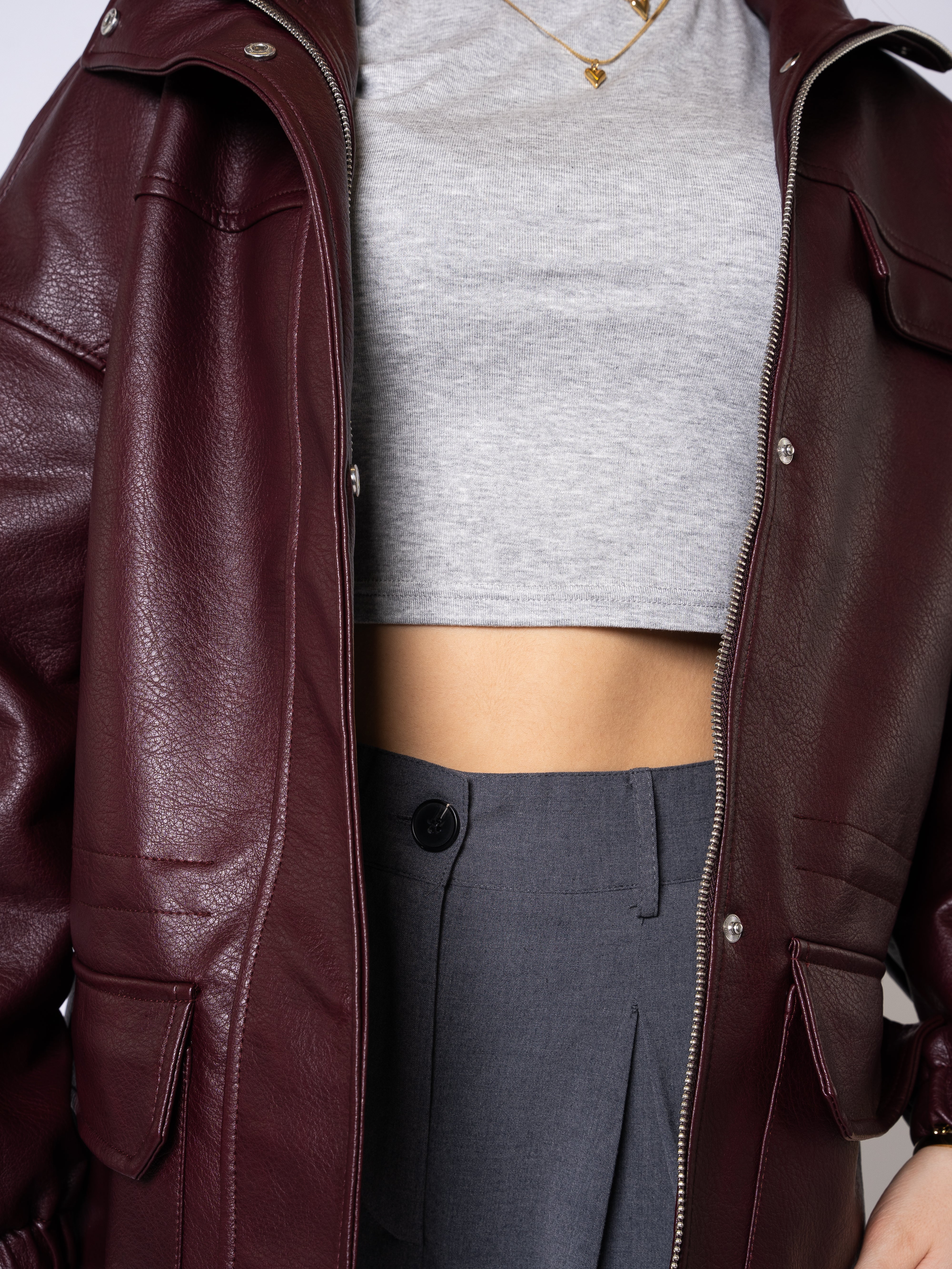 Oversize Faux Leather Jacket - Bordeaux