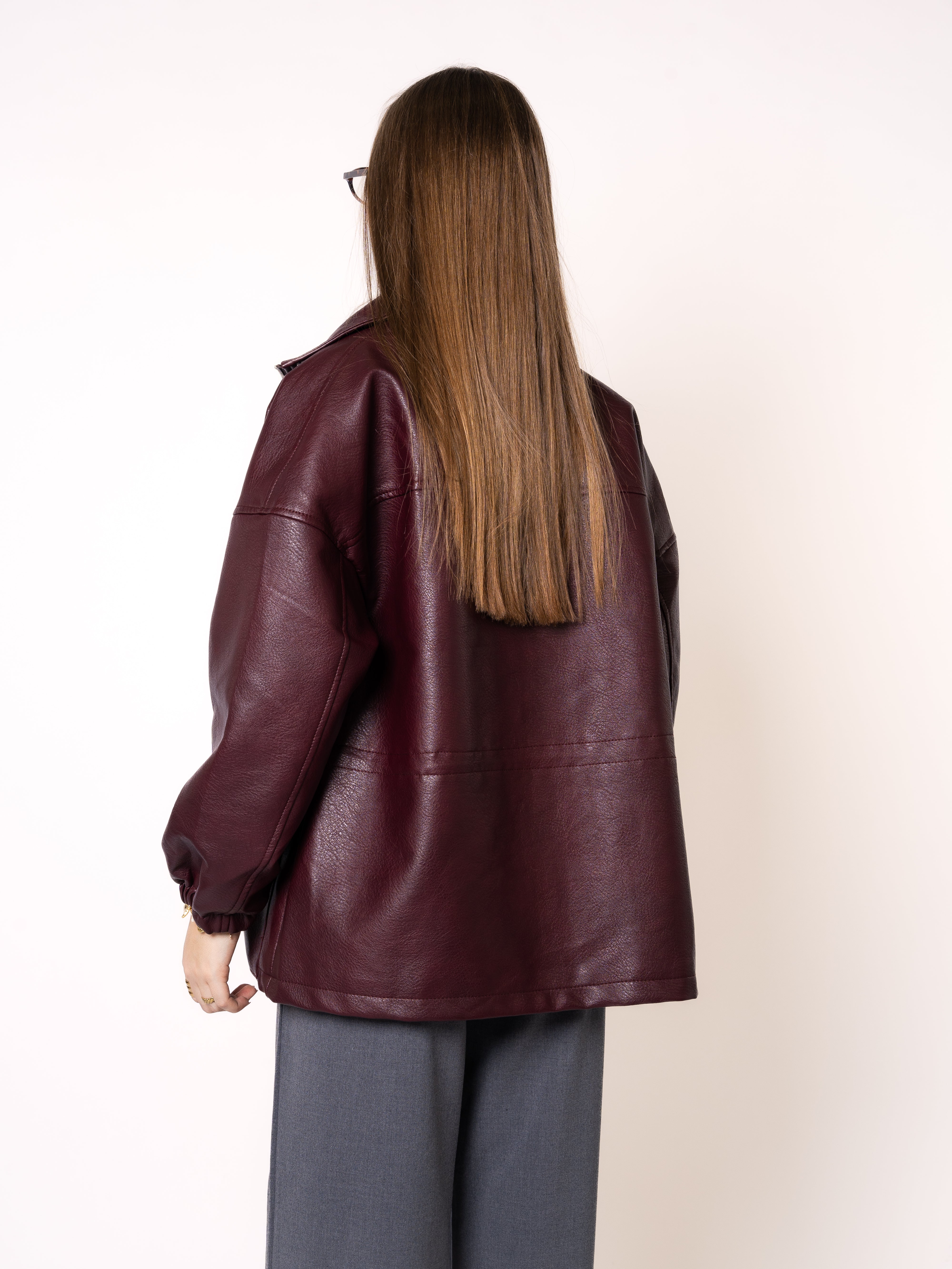 Oversize Faux Leather Jacket - Bordeaux