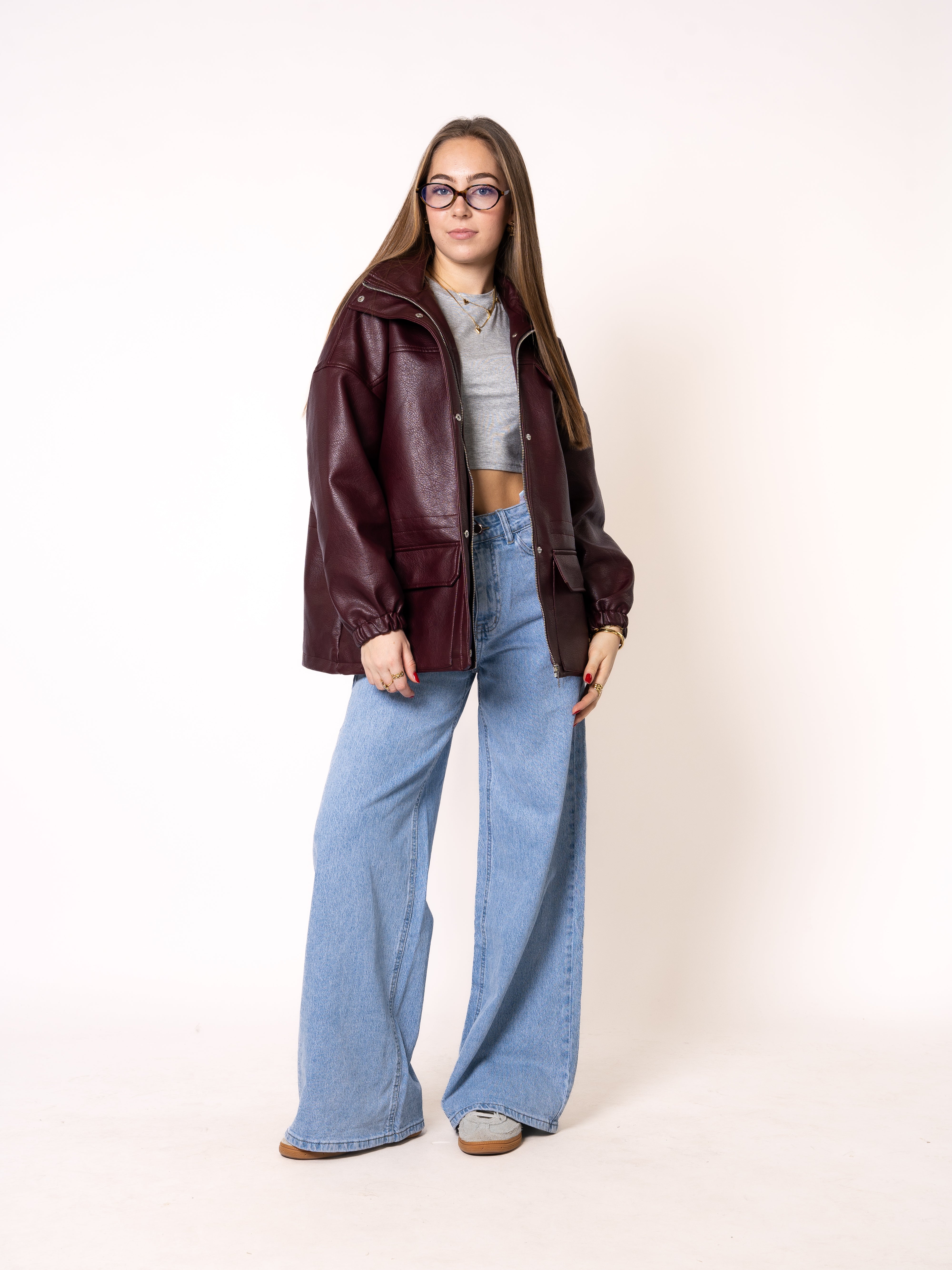 Oversize Faux Leather Jacket - Bordeaux