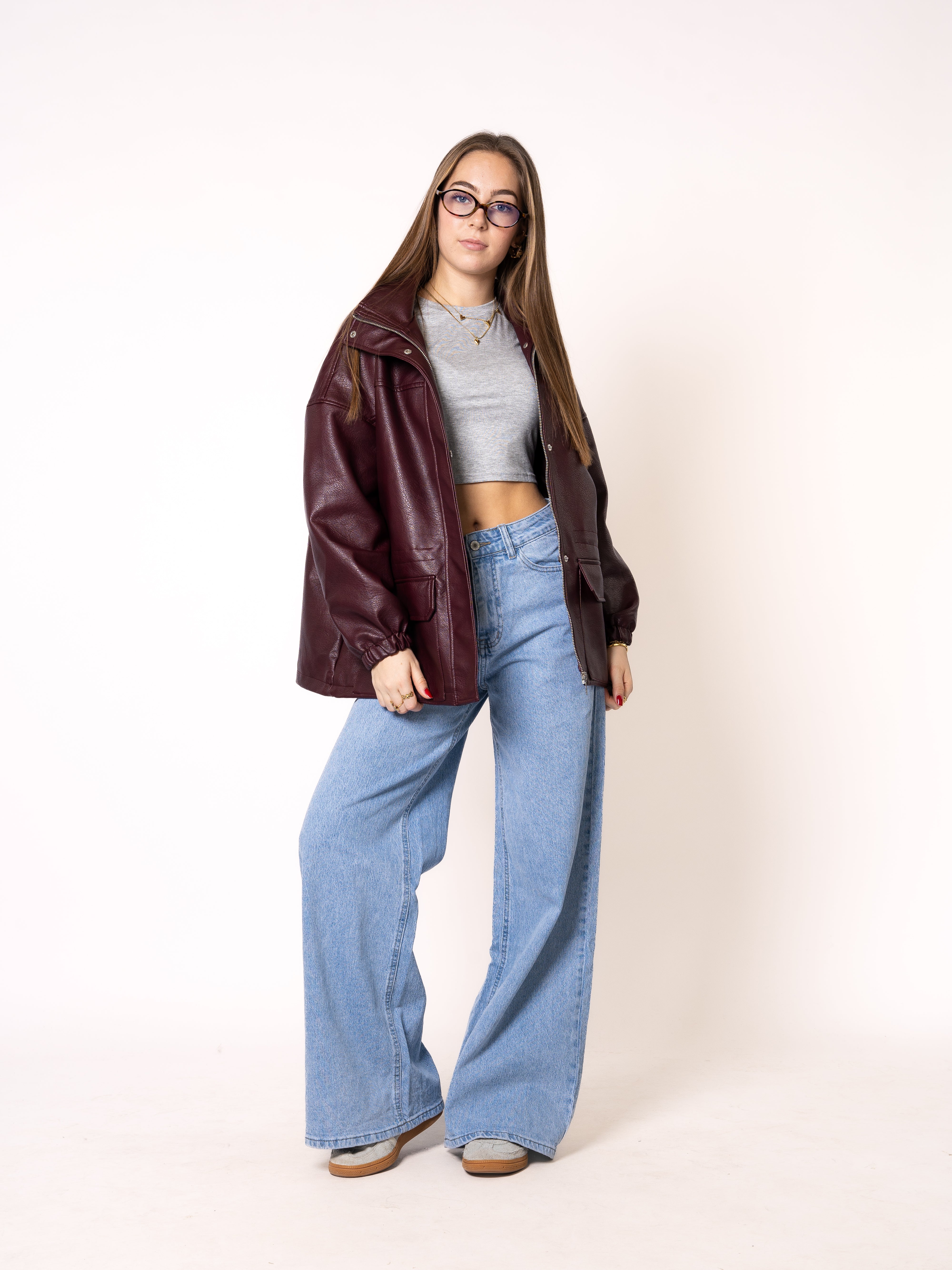 Oversize Faux Leather Jacket - Bordeaux