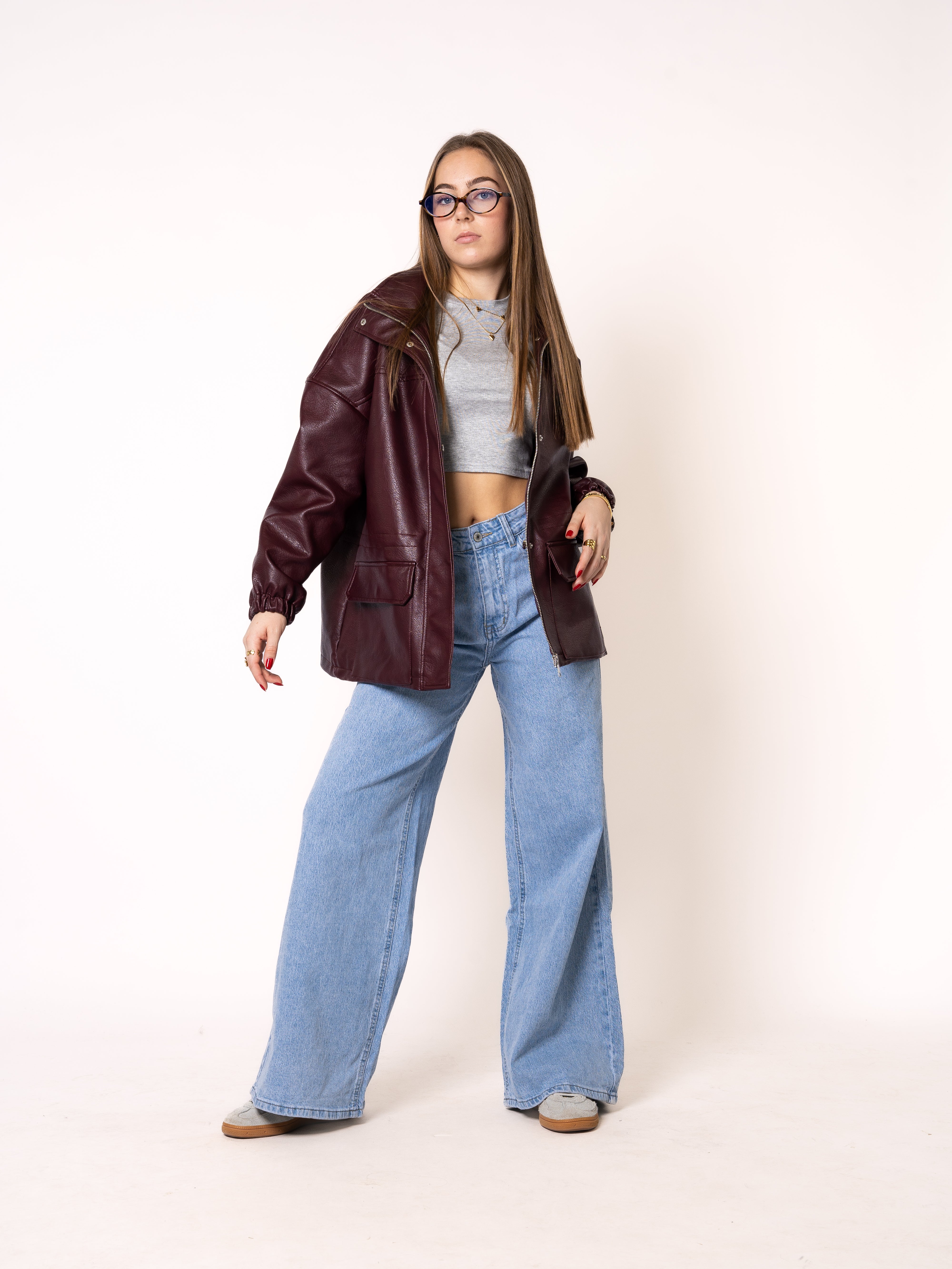Oversize Faux Leather Jacket - Bordeaux