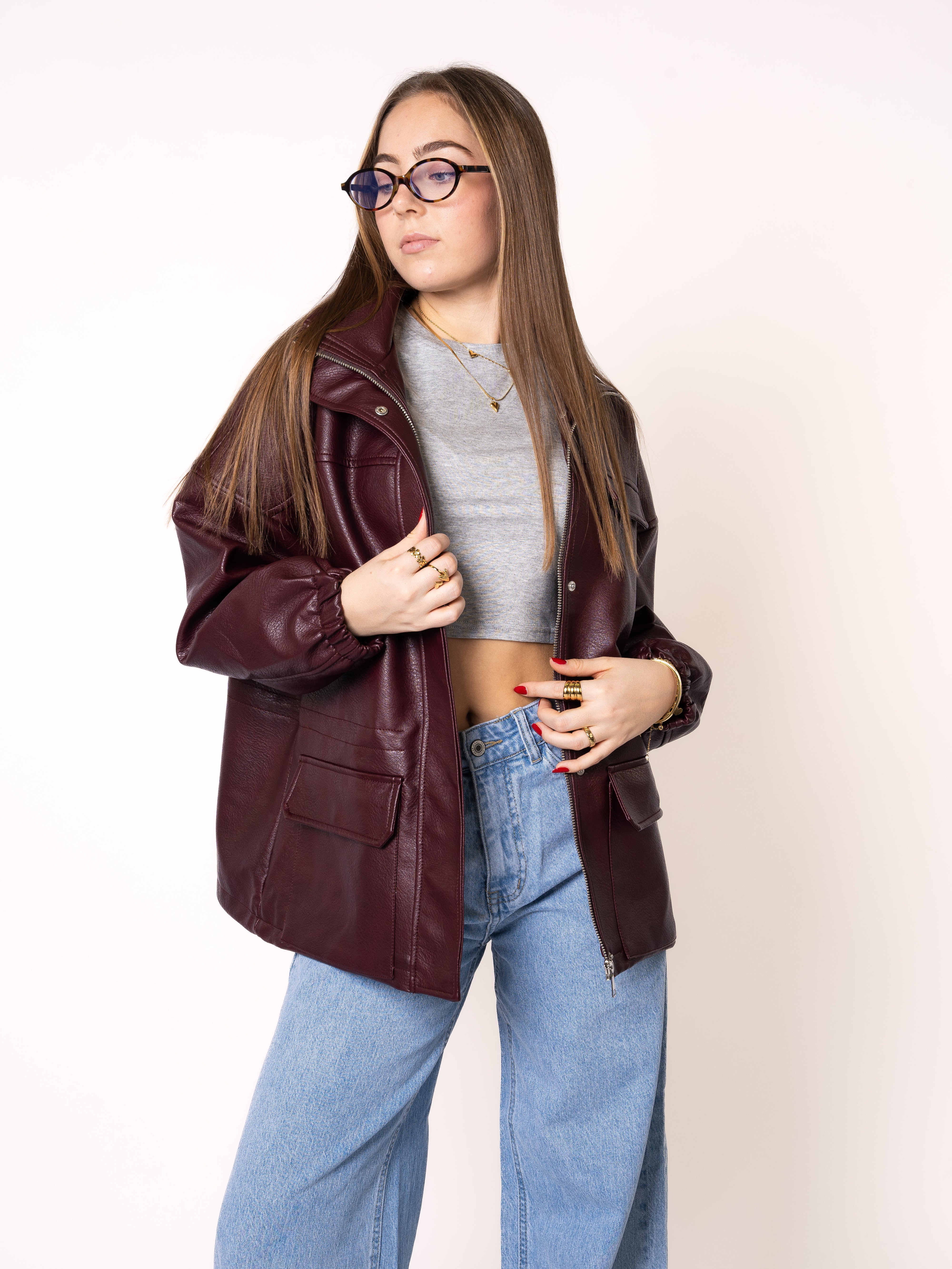 Oversize Faux Leather Jacket - Bordeaux
