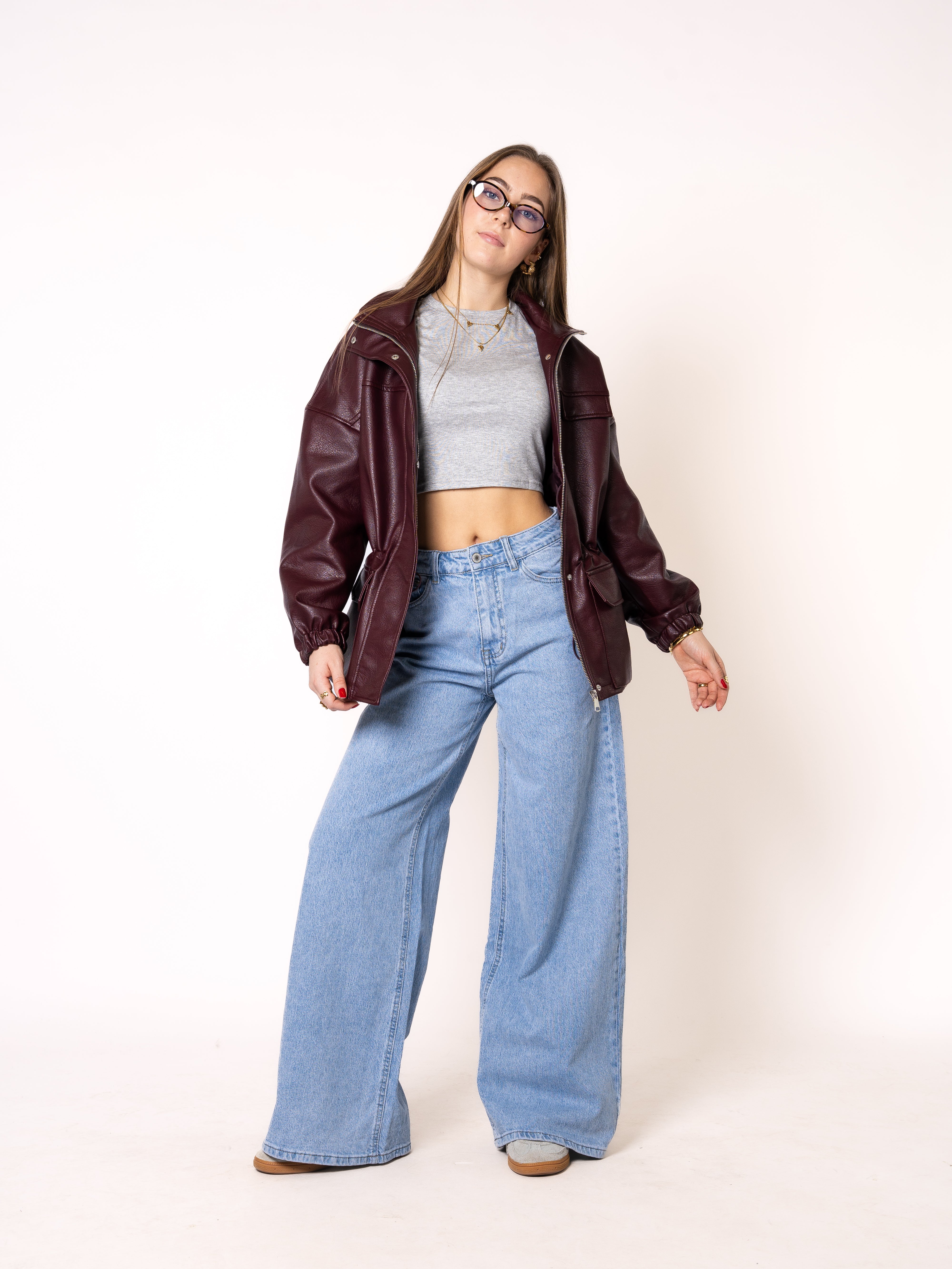 Oversize Faux Leather Jacket - Bordeaux