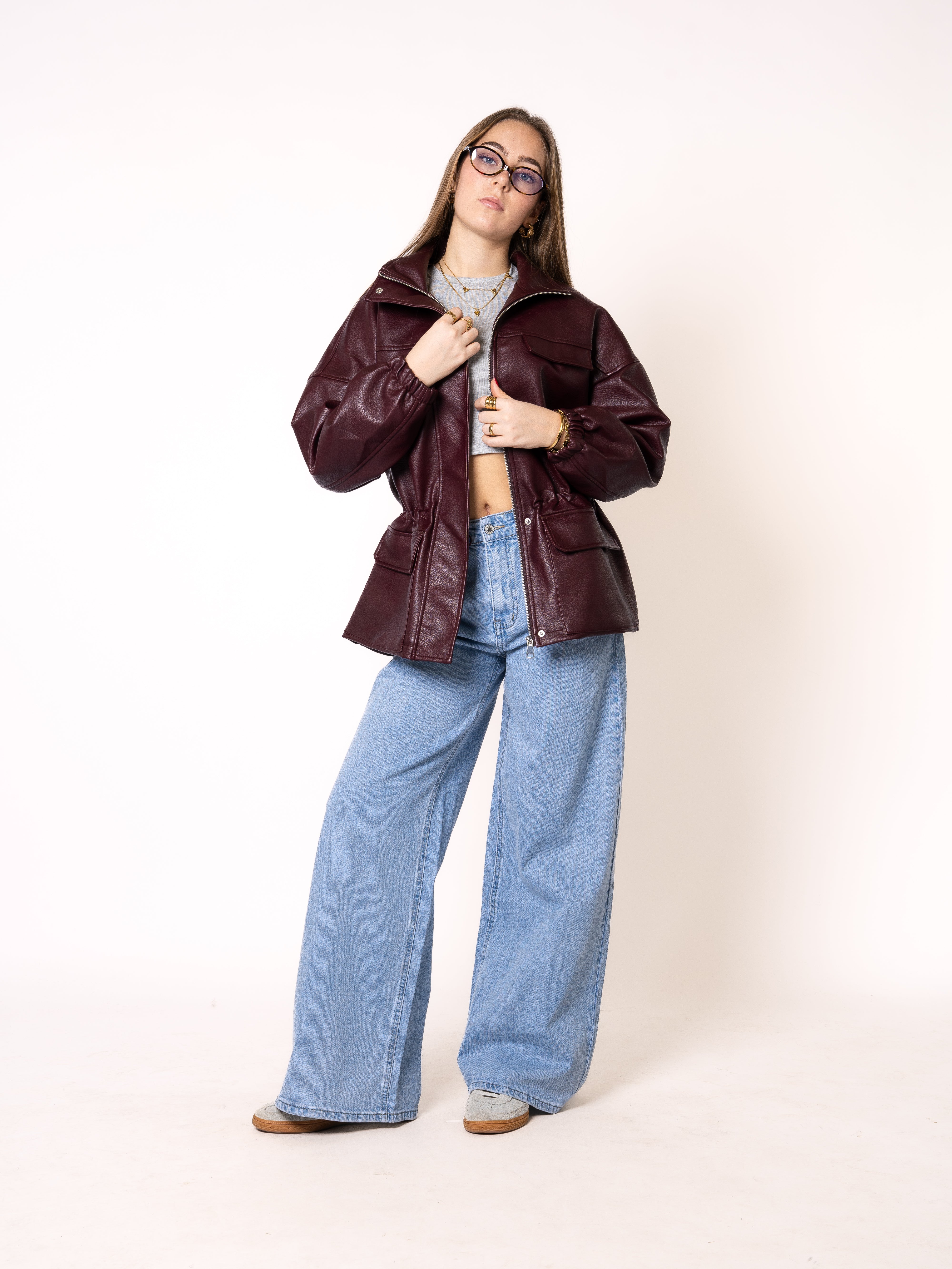 Oversize Faux Leather Jacket - Bordeaux