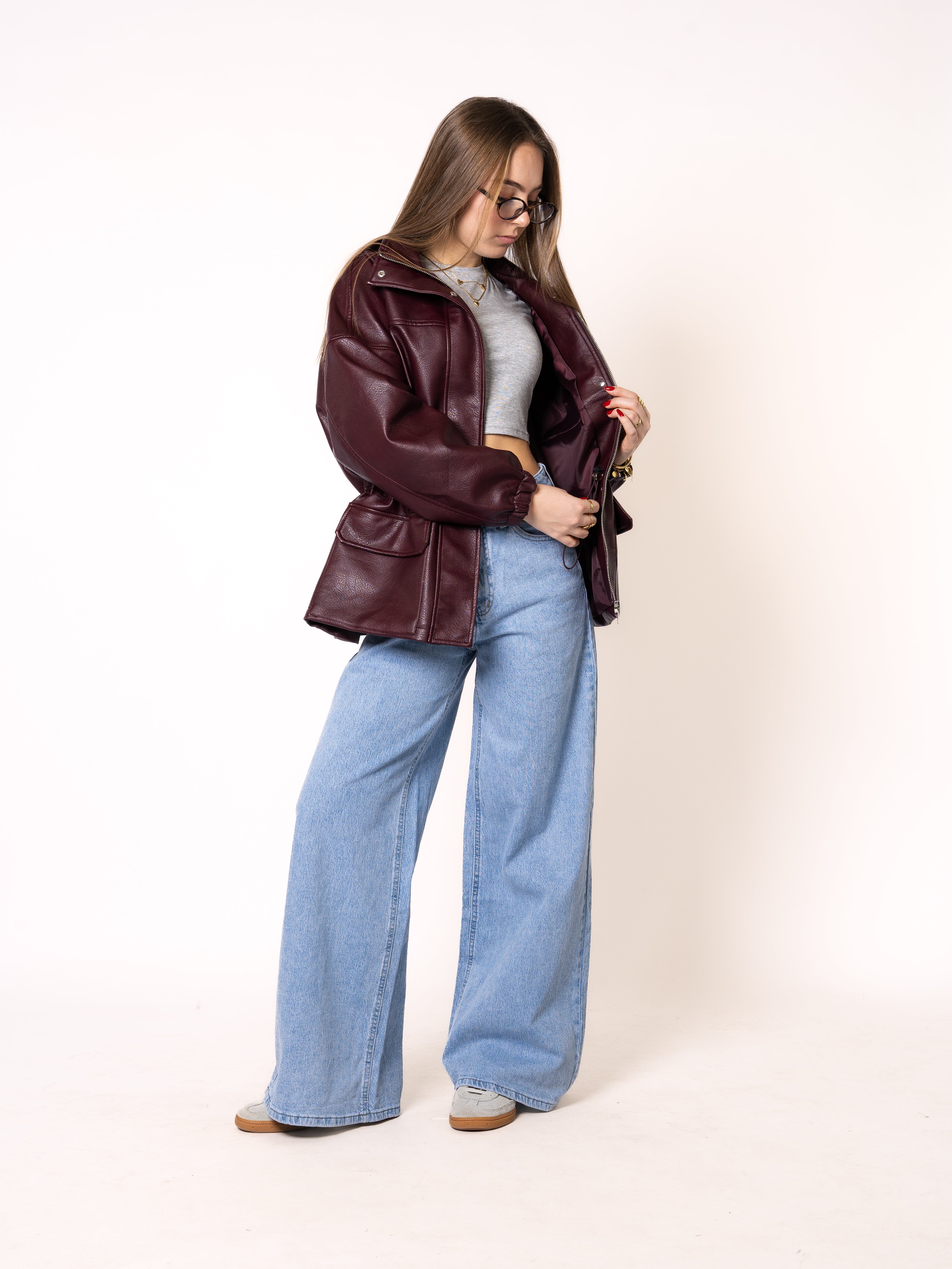 Oversize Faux Leather Jacket - Bordeaux