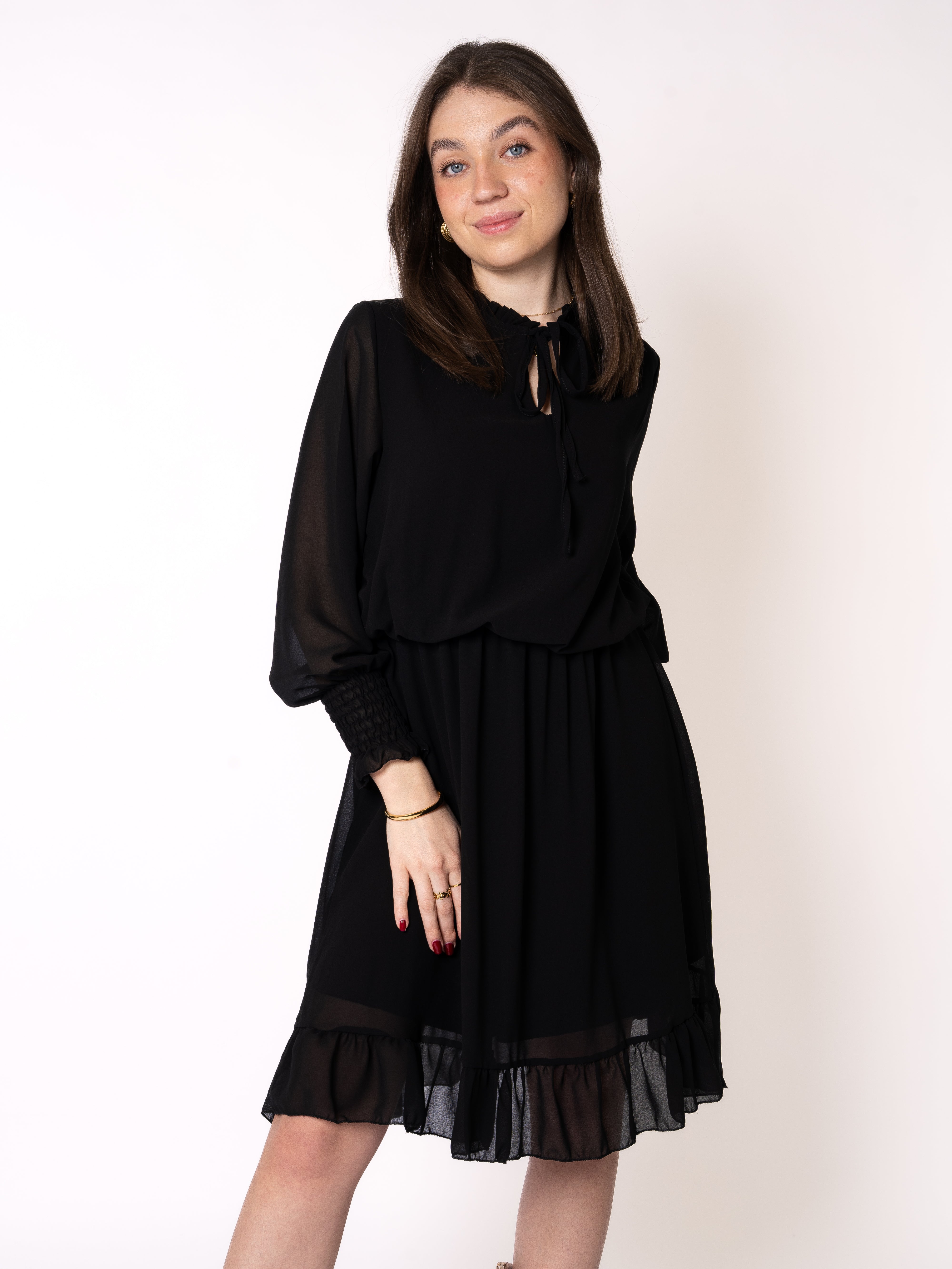 Chiffonkleid Langarm - Schwarz