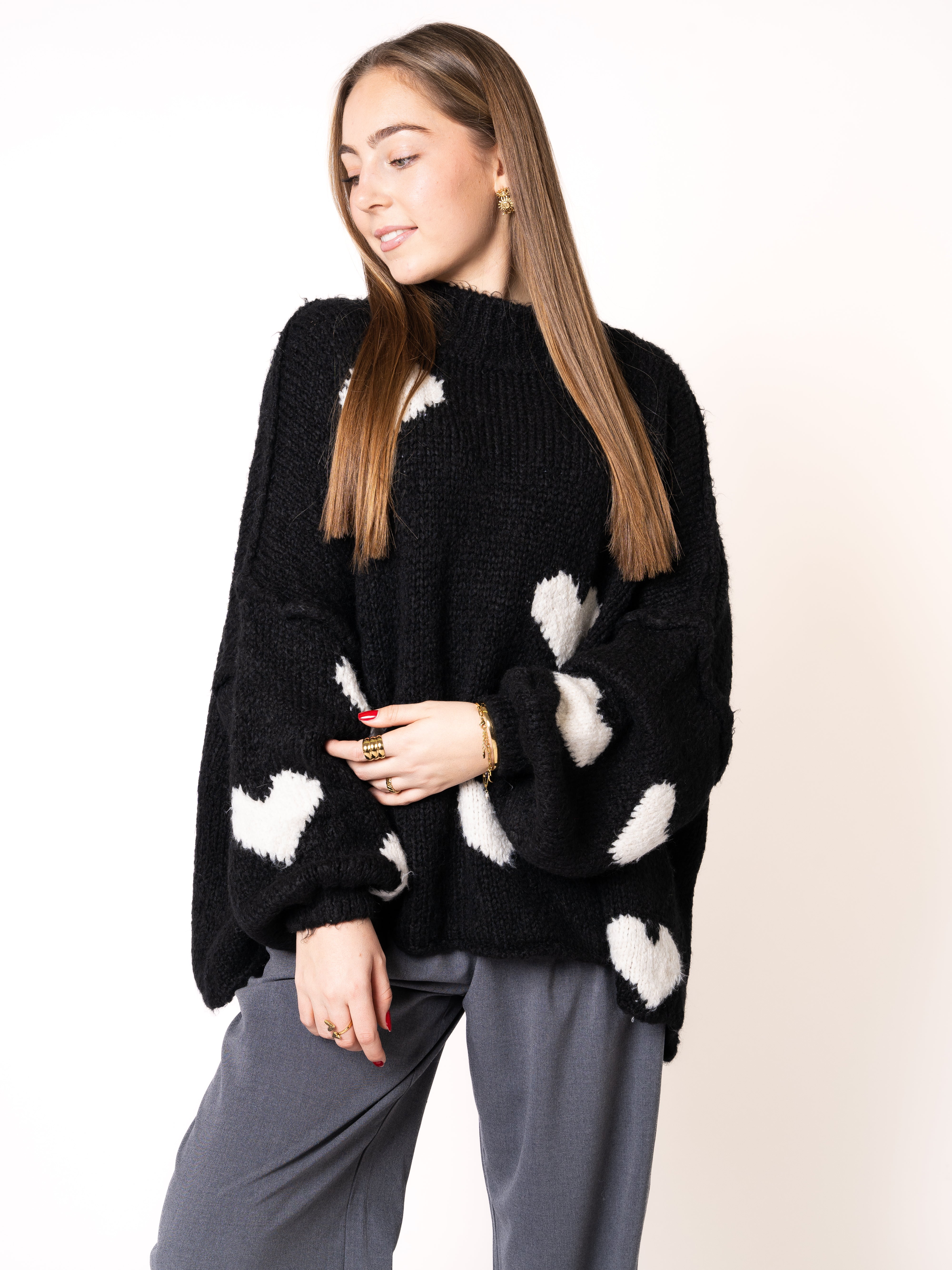 Strickpullover Felina mit Herzchen - Schwarz