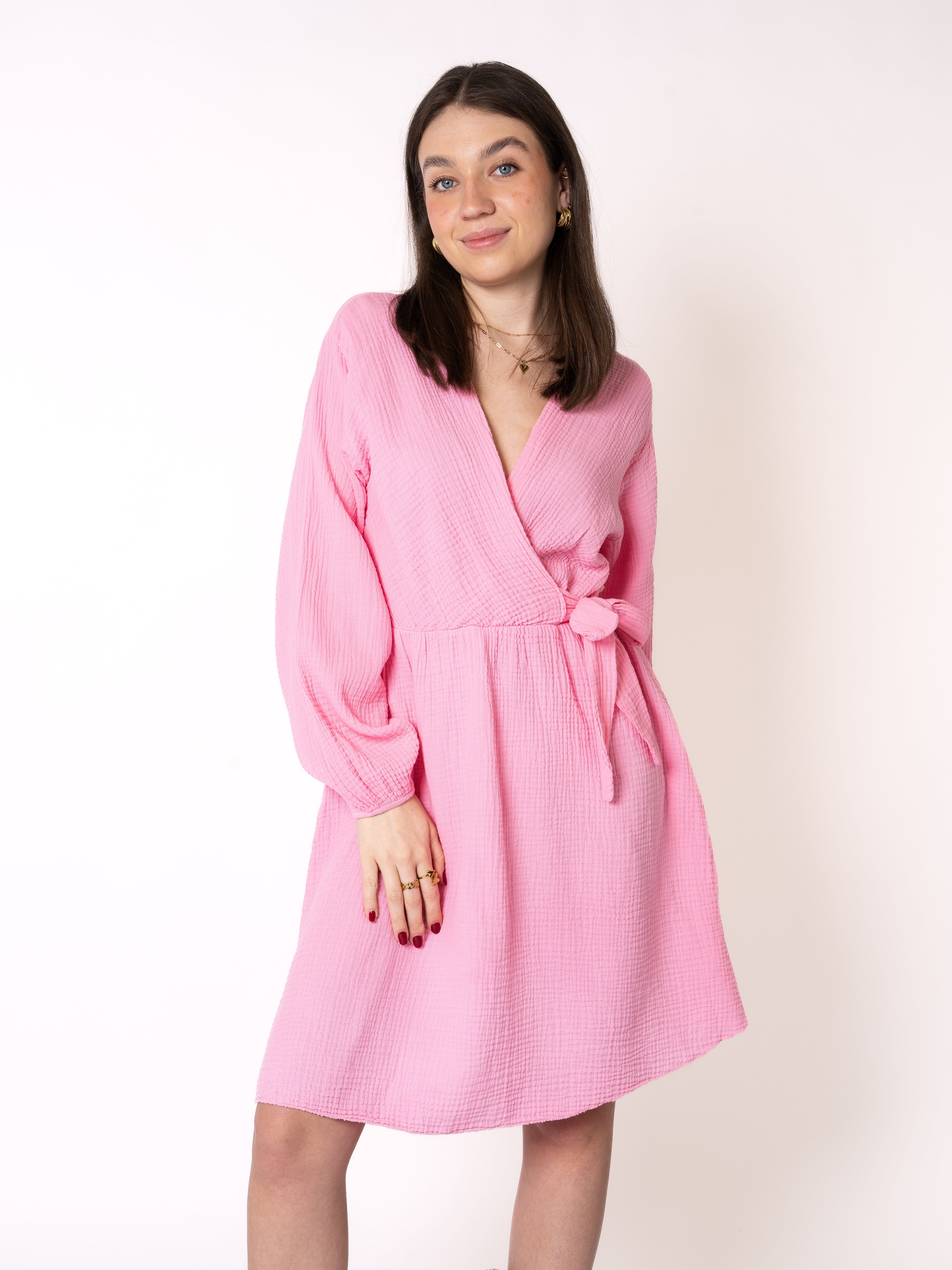Musselin Langarm Wickelkleid Mathilda - Rosa