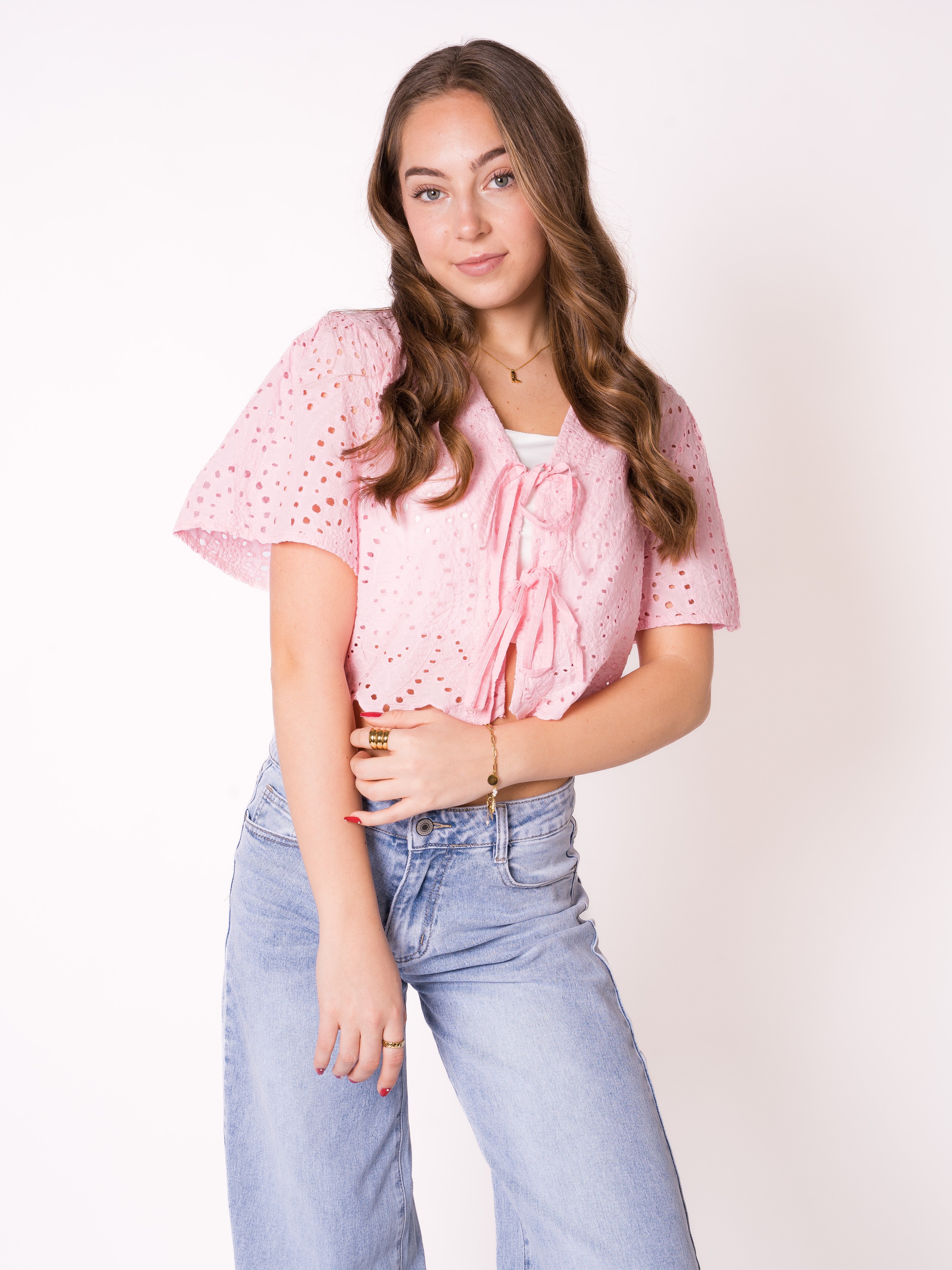 Boho Baumwoll Stick Bluse - Rosa