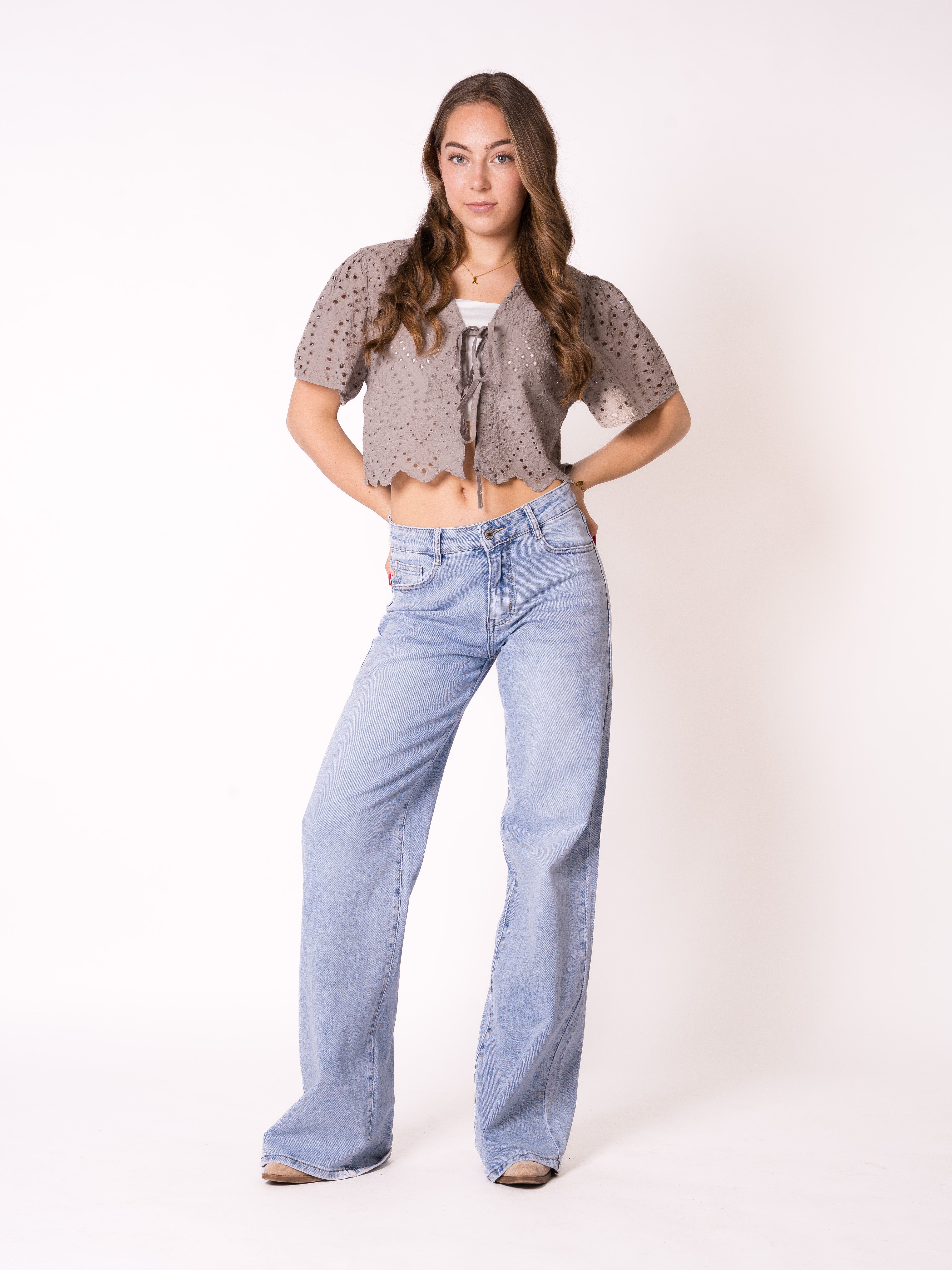 Boho Baumwoll Stick Bluse - Graubraun