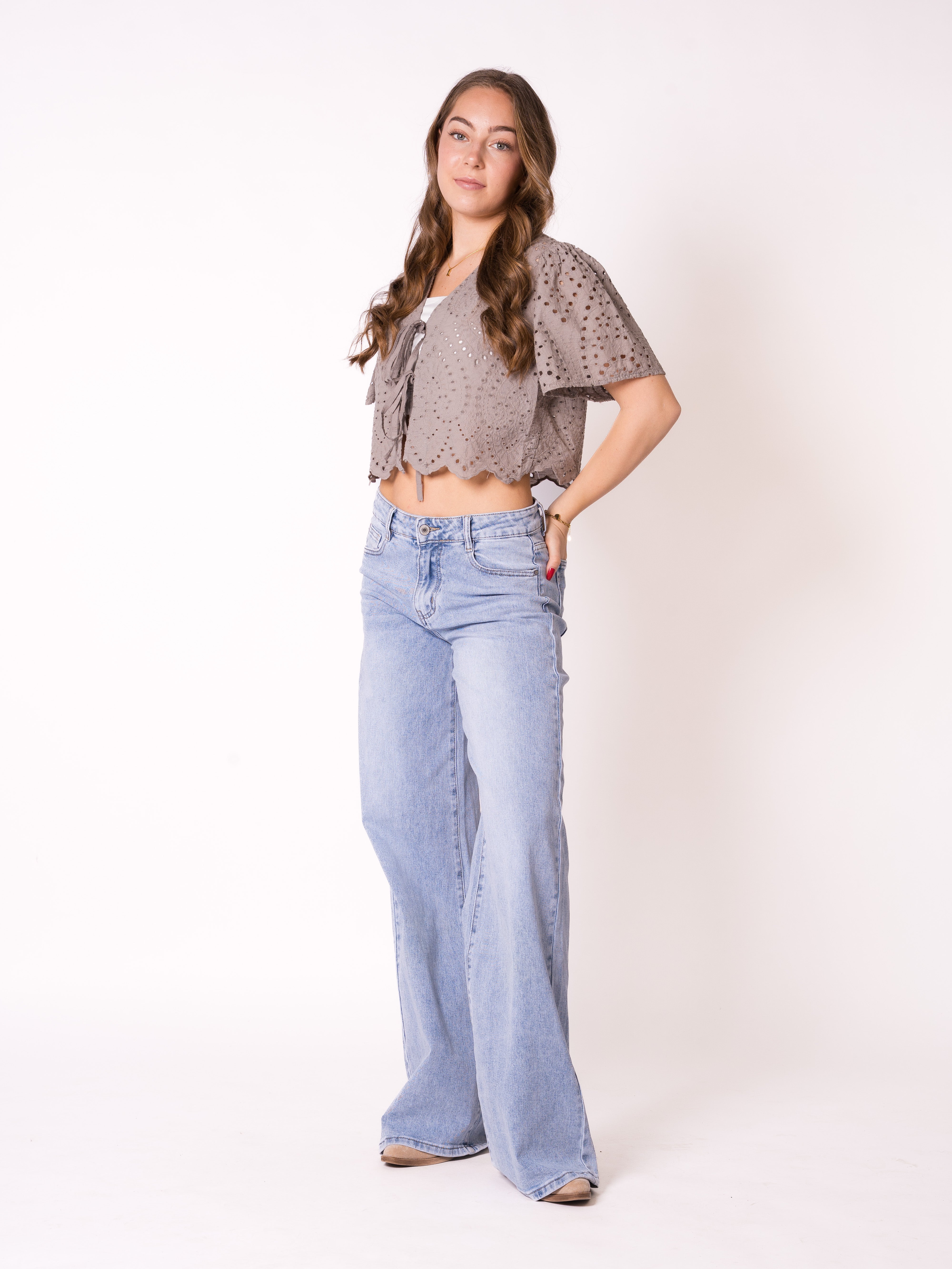 Boho Baumwoll Stick Bluse - Graubraun