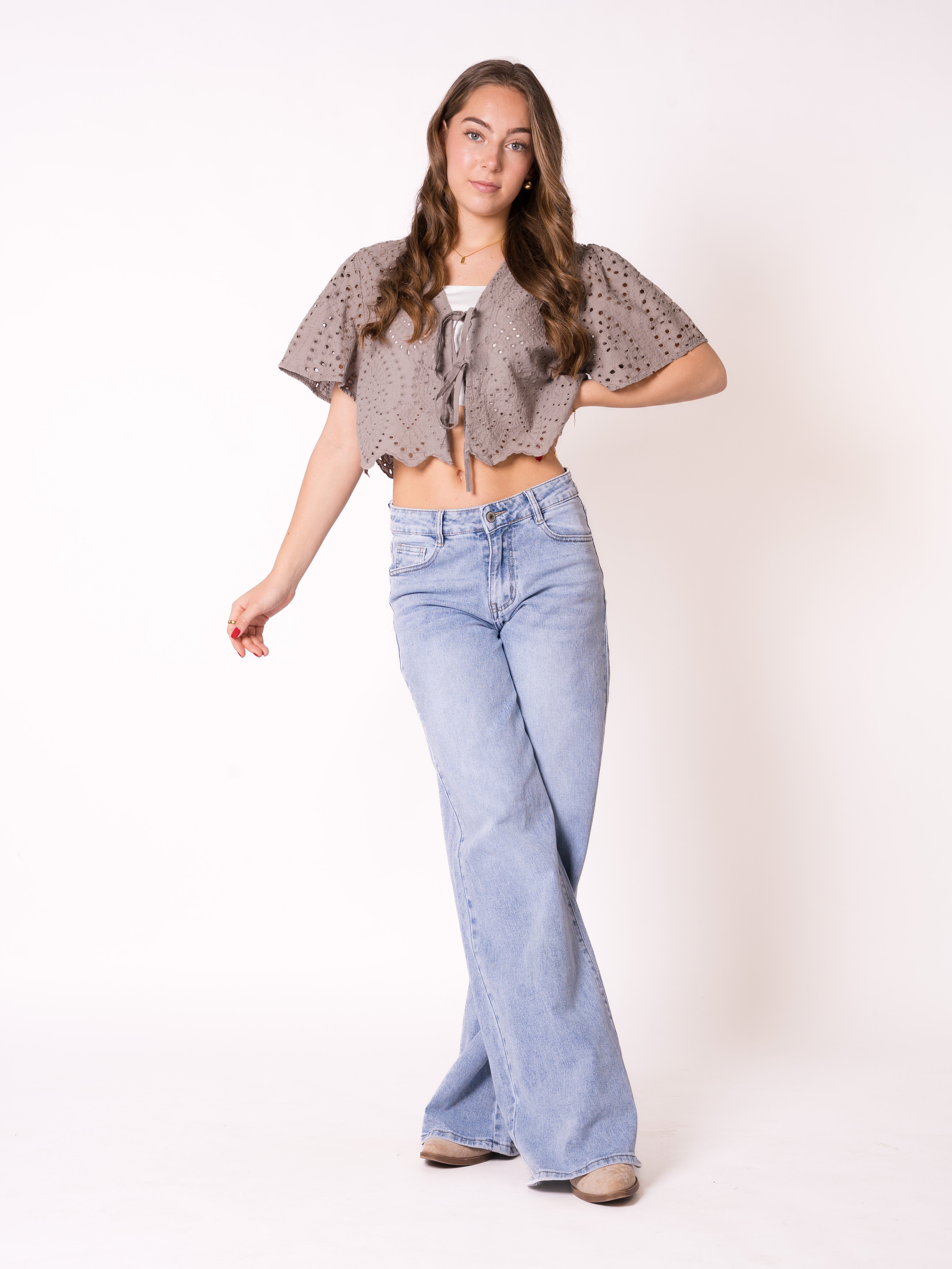 Boho Baumwoll Stick Bluse - Graubraun