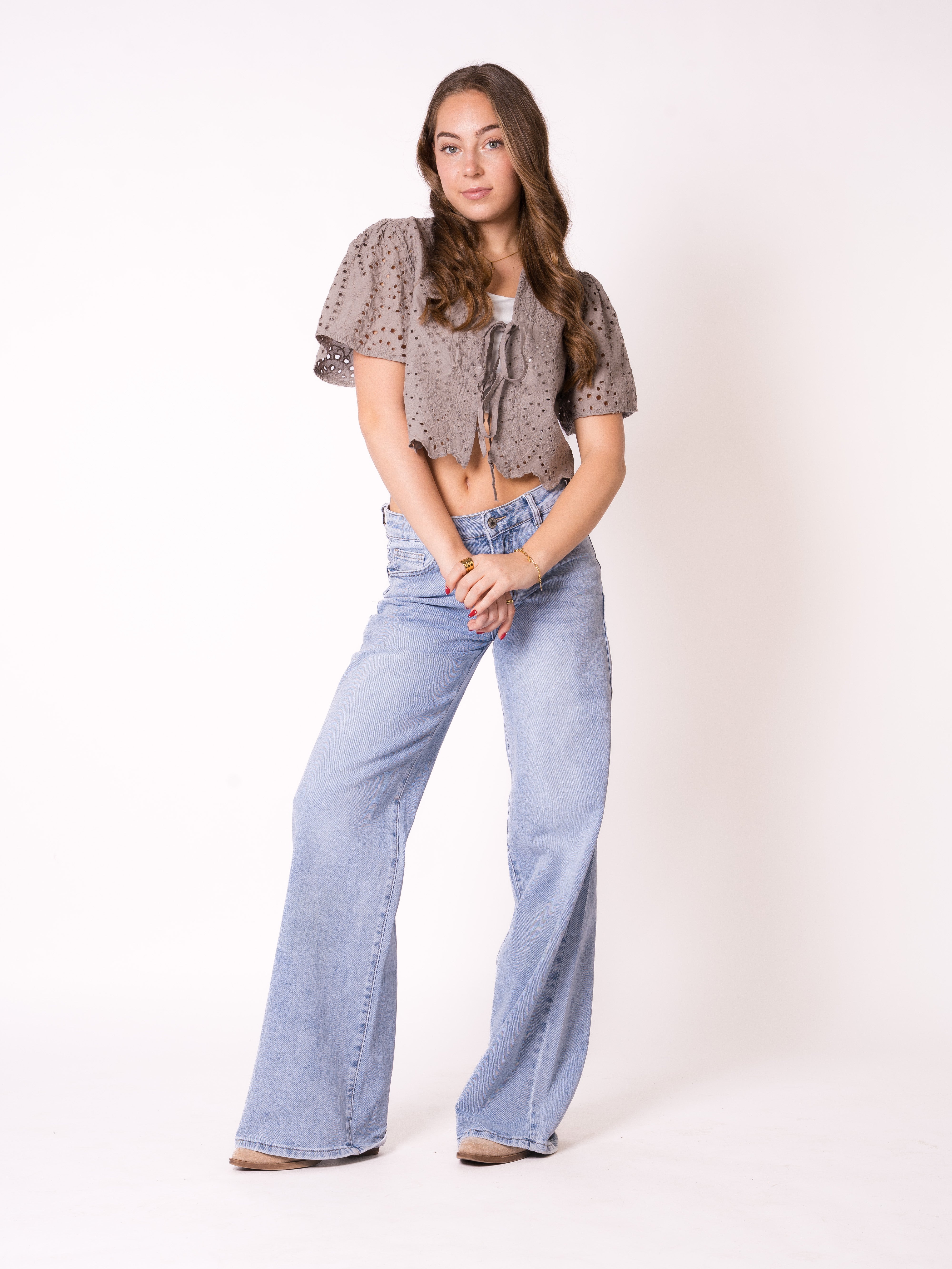 Boho Baumwoll Stick Bluse - Graubraun