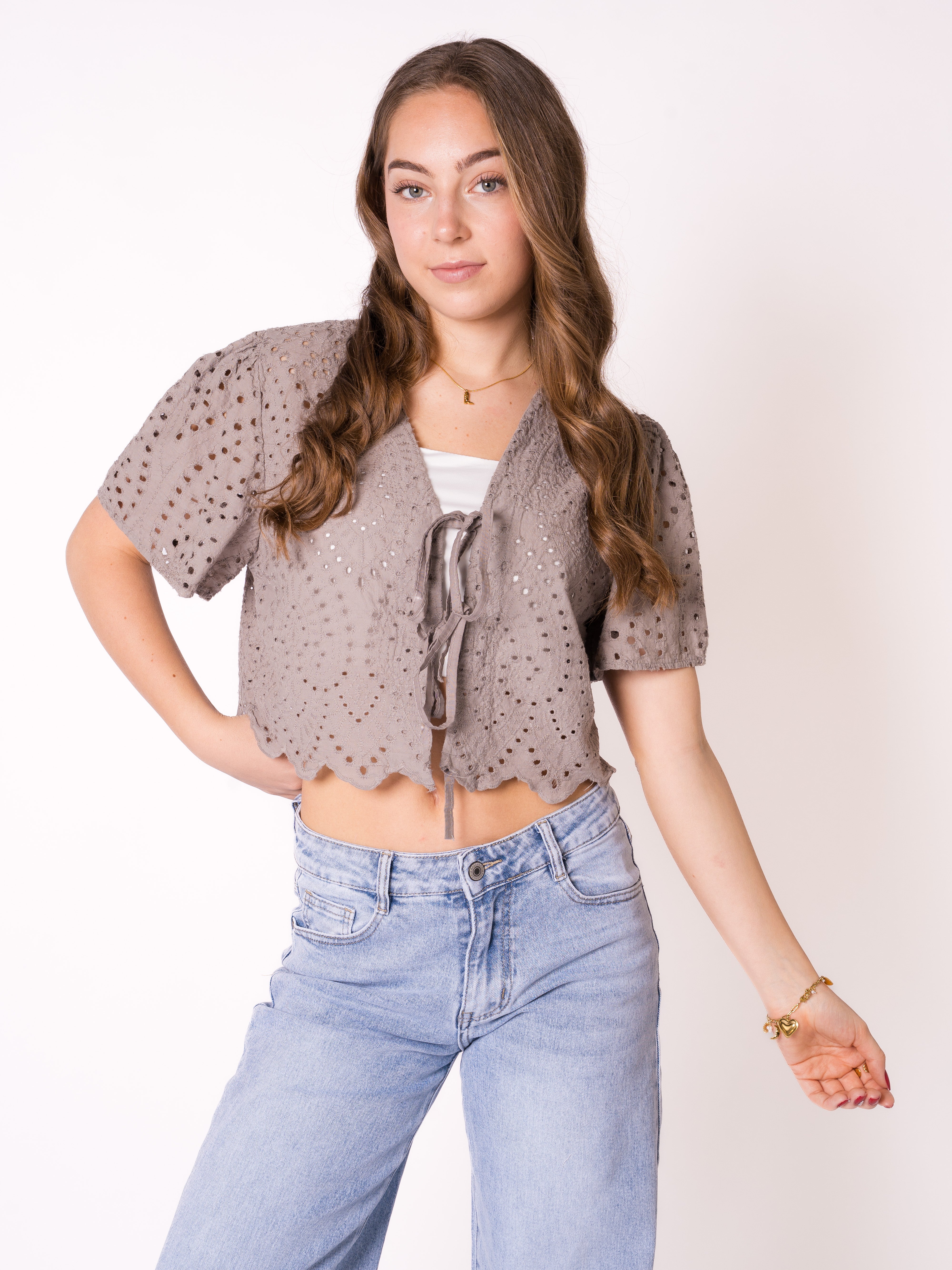 Boho Baumwoll Stick Bluse - Graubraun