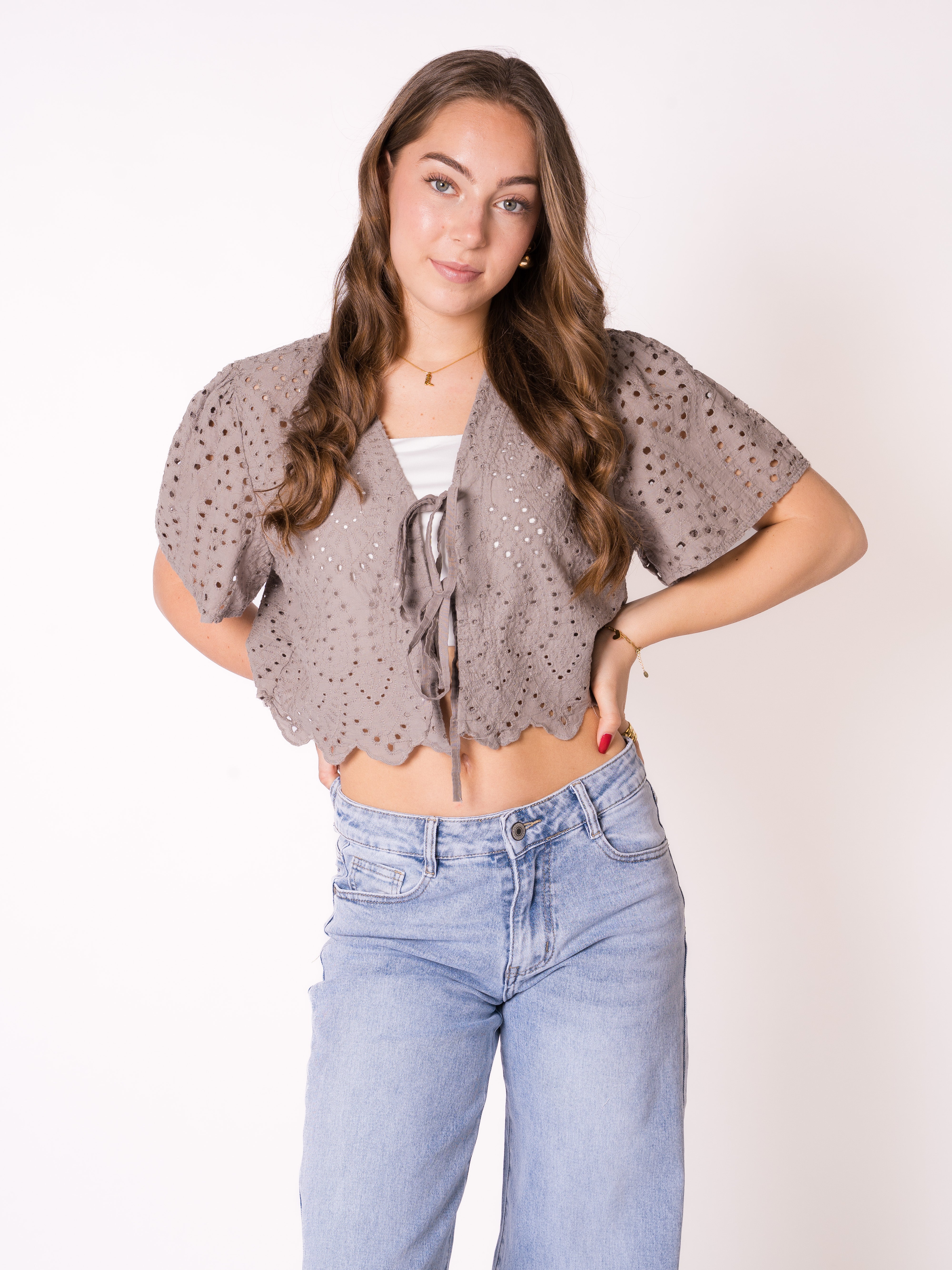 Boho Baumwoll Stick Bluse - Graubraun