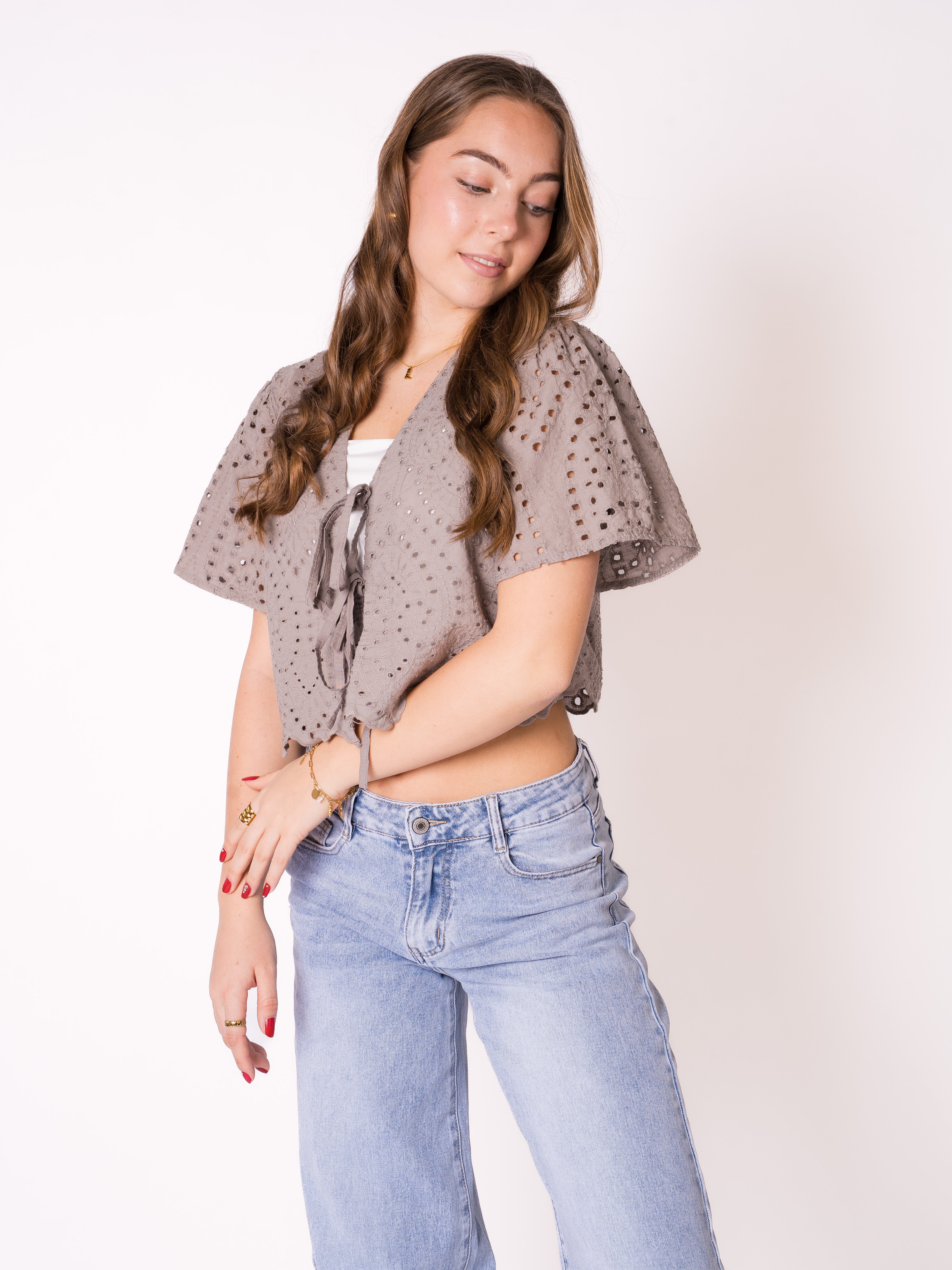 Boho Baumwoll Stick Bluse - Graubraun