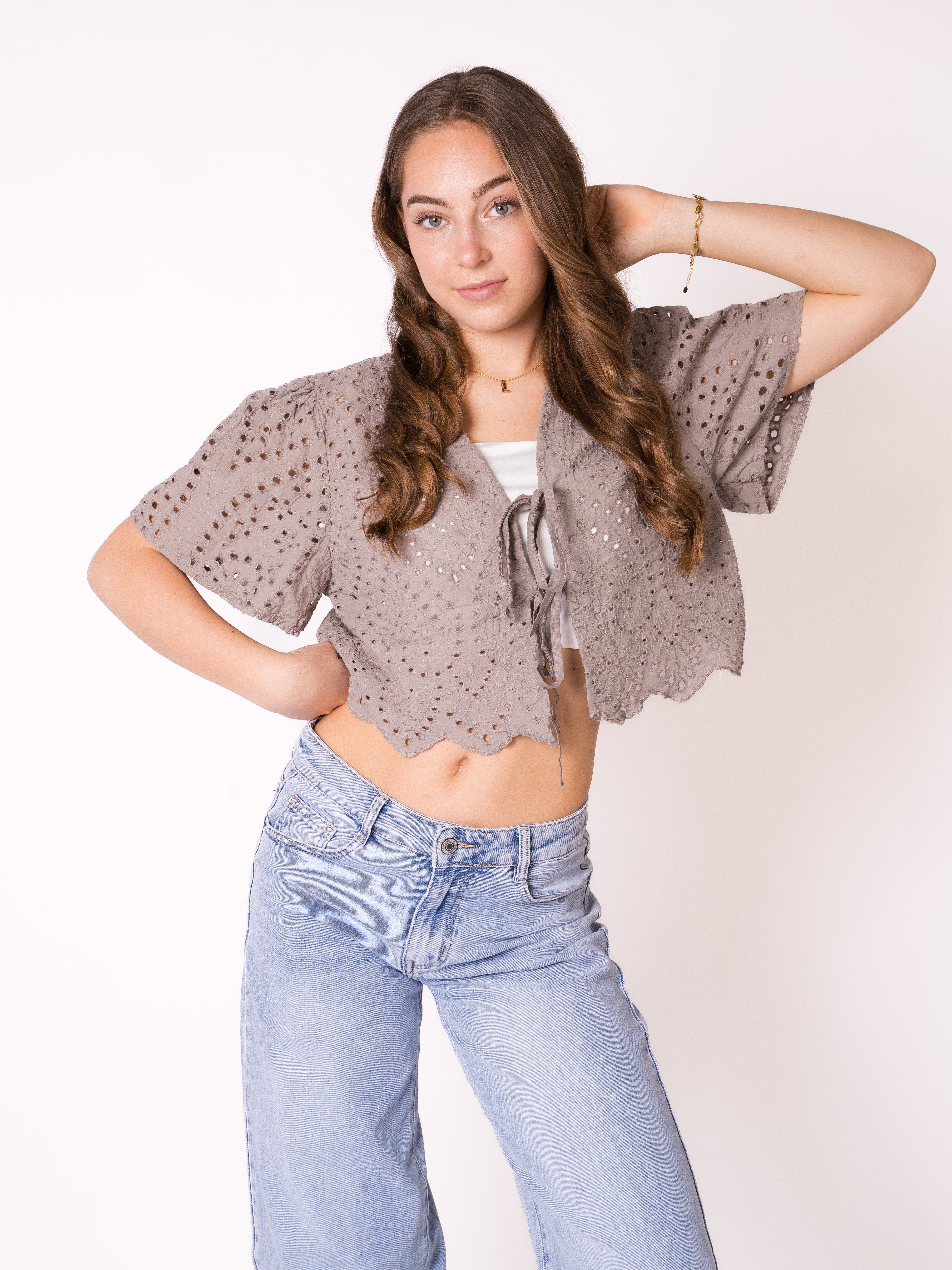 Boho Baumwoll Stick Bluse - Graubraun