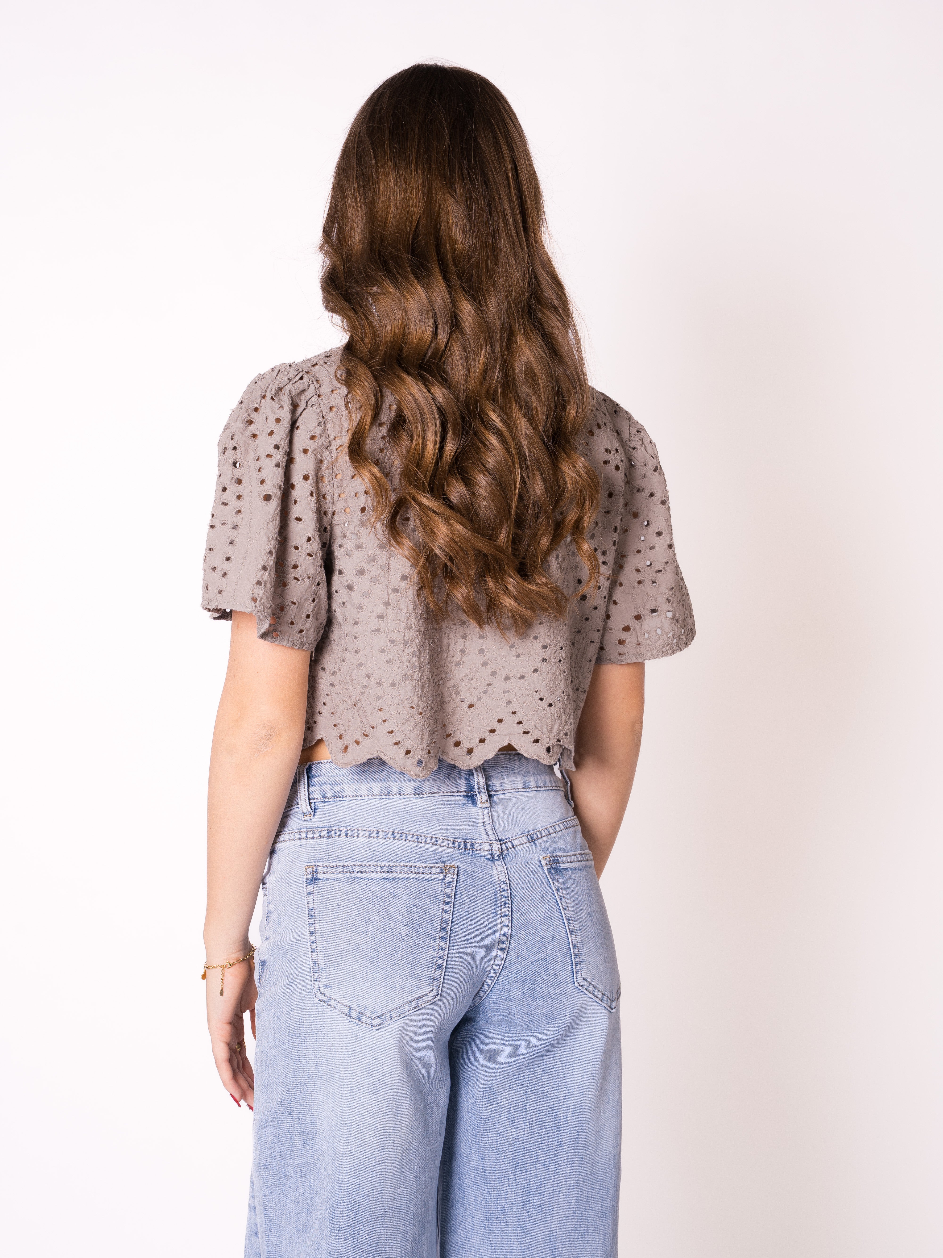 Boho Baumwoll Stick Bluse - Graubraun