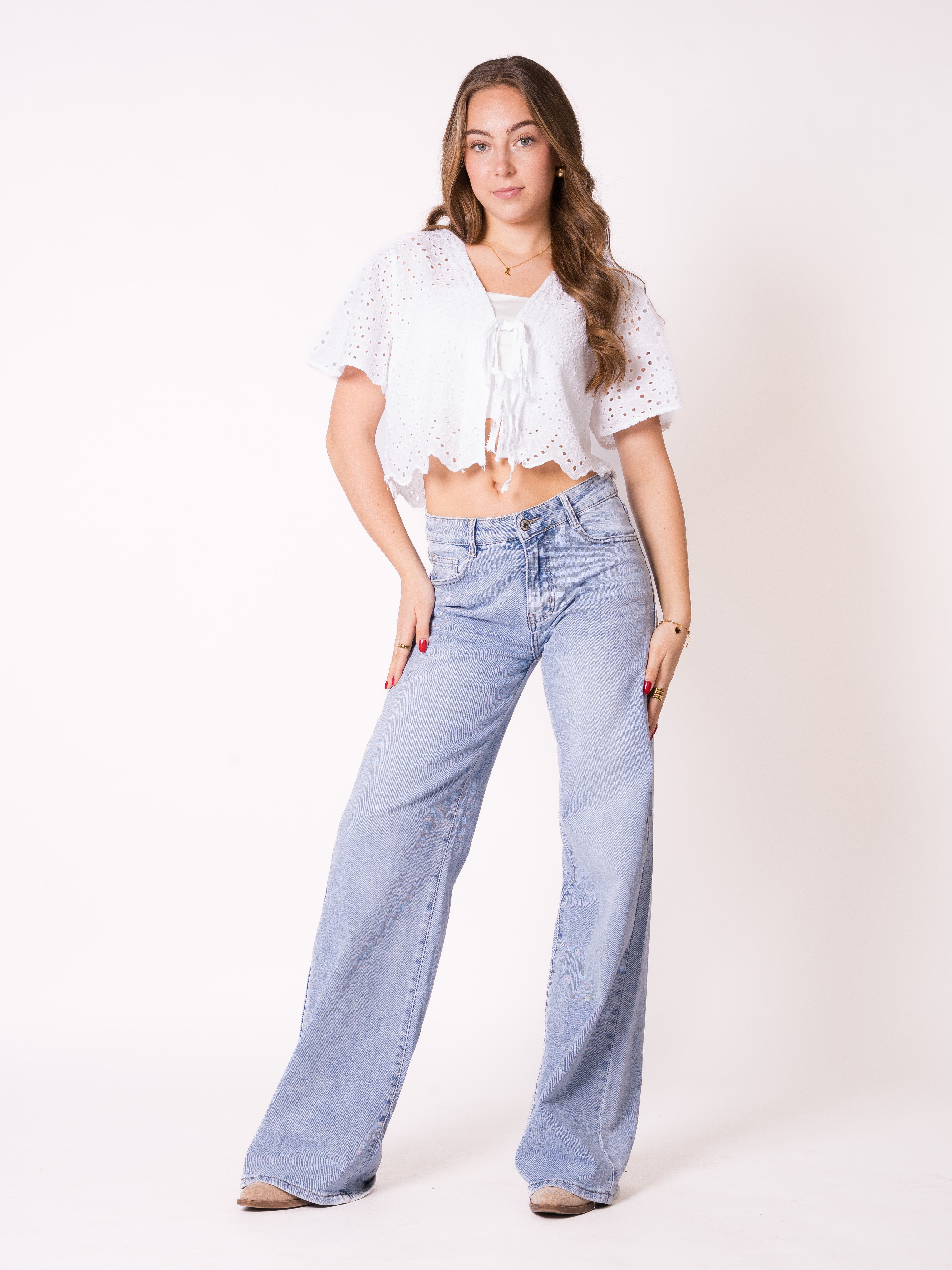 Boho Baumwoll Stick Bluse - Weiß