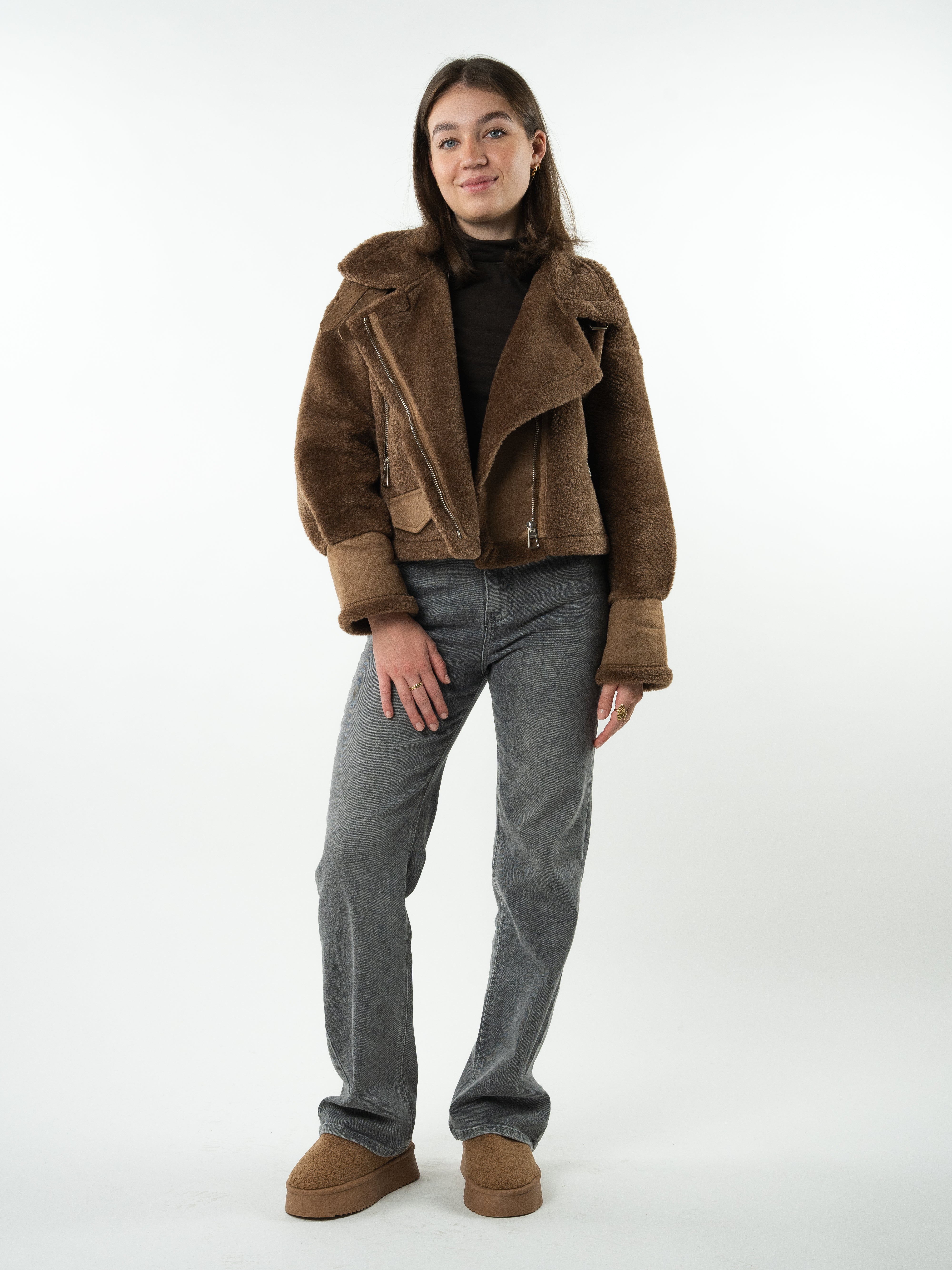 Faux Fur Leather Coat Amena - Braun