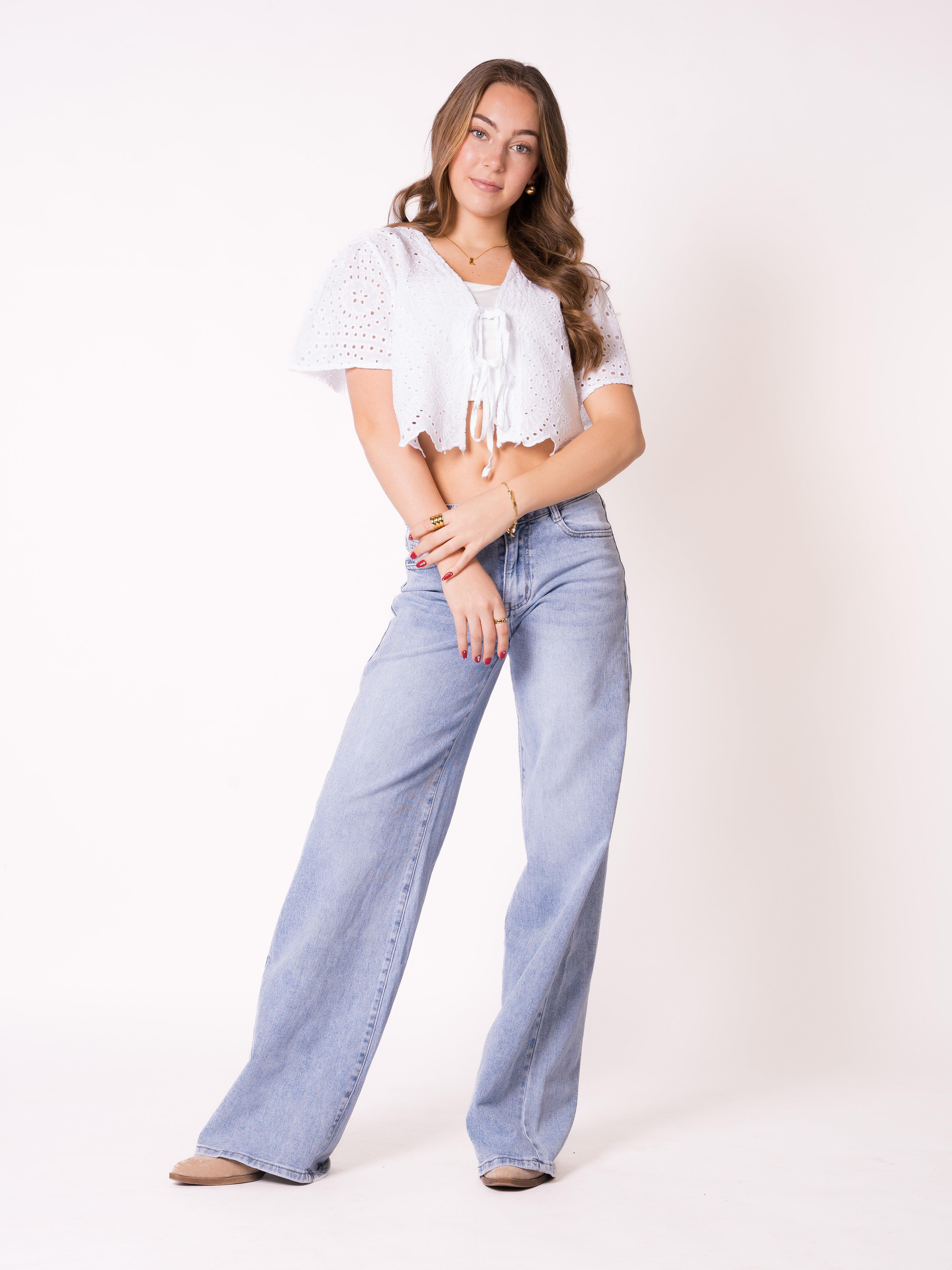 Boho Baumwoll Stick Bluse - Weiß